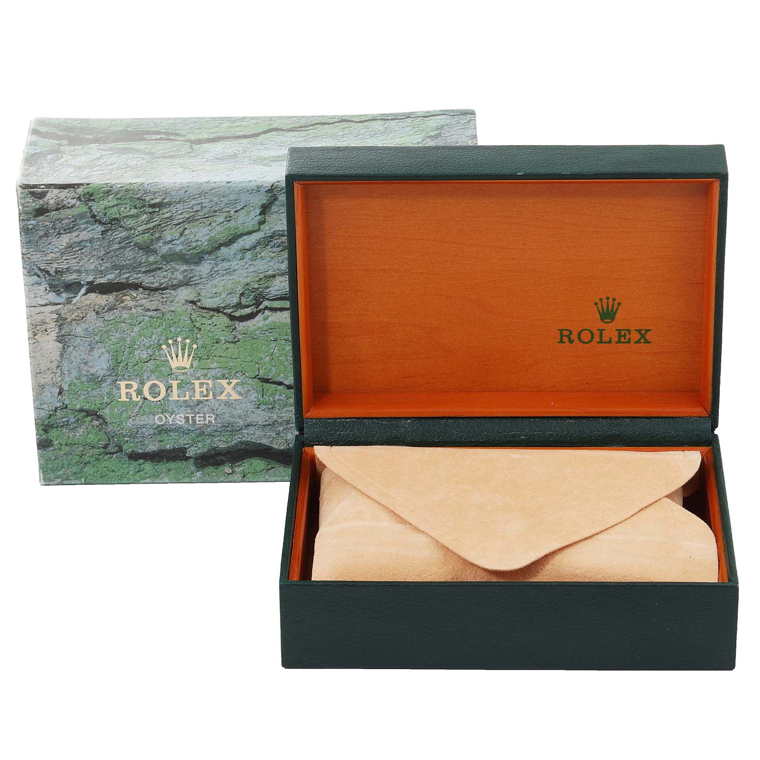 This image shows a Rolex Date 15210 Men's Stainless Steel Silver Dial 15210 Men's Stainless Steel Silver Dial model watch box and cushion from a front angle, with the watch box open and the outer box in the background.