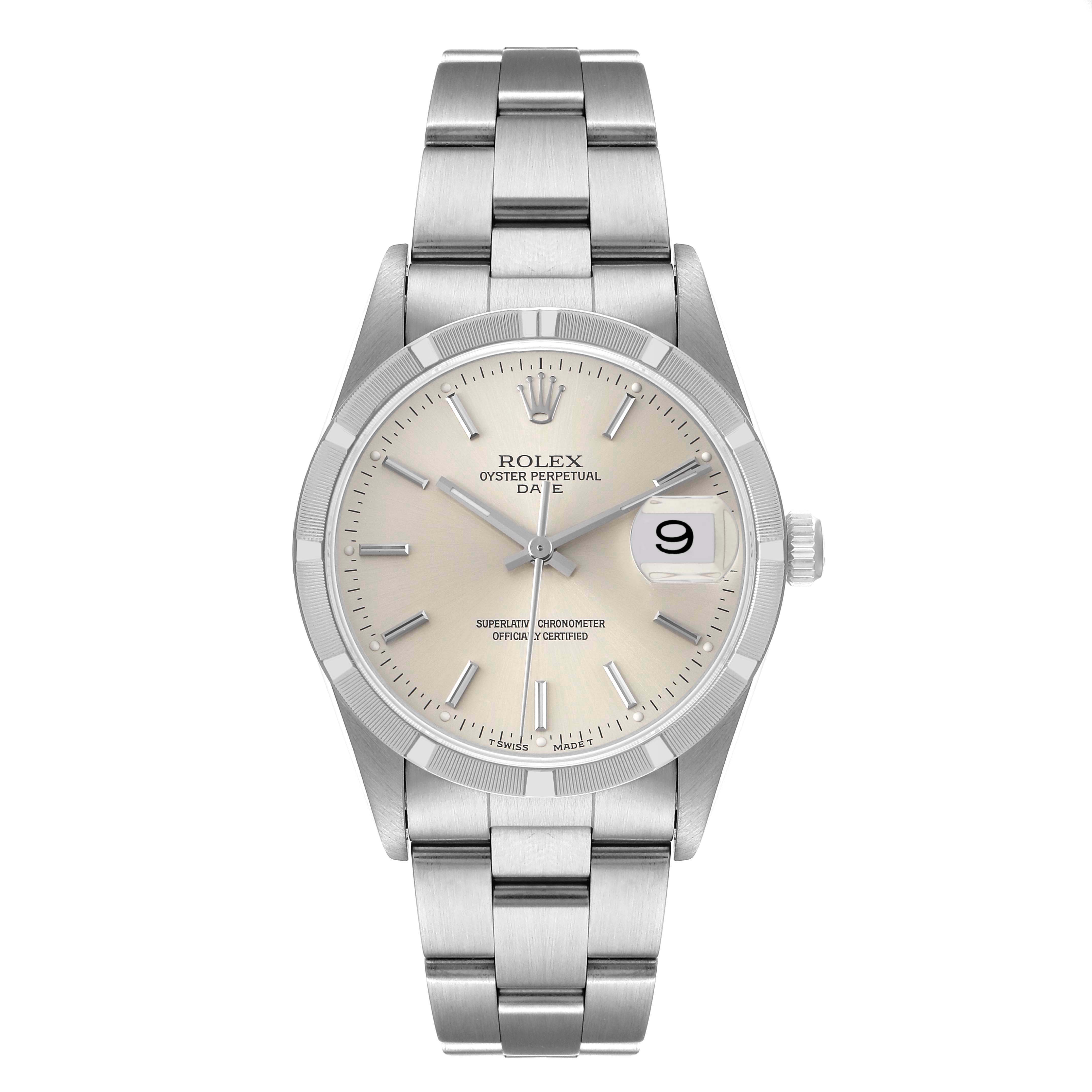 The image shows a front view of the Rolex Date 15210 Men's Stainless Steel Silver Dial 15210 Men's Stainless Steel Silver Dial model watch, featuring its dial, bezel, bracelet, and crown.
