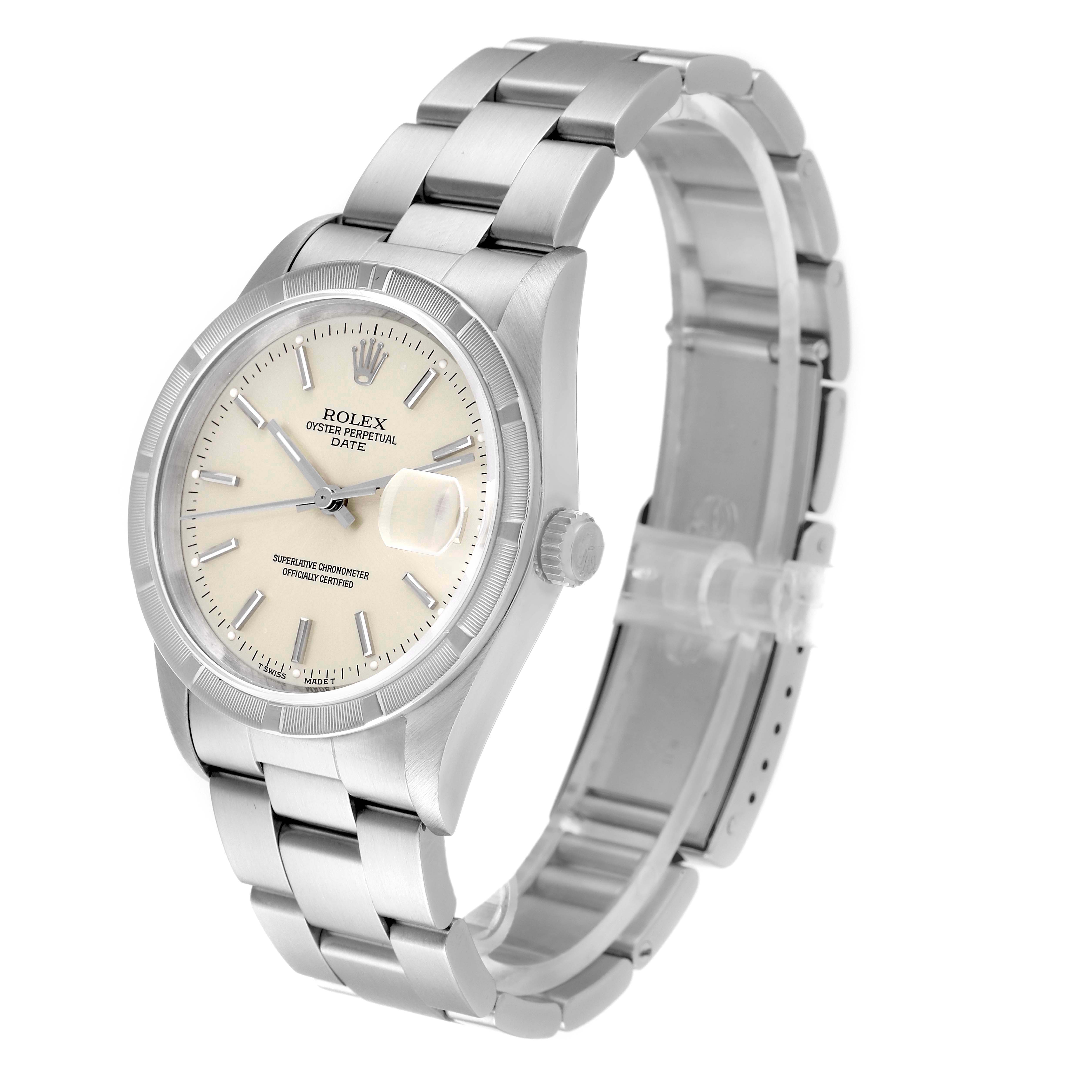 The Rolex Date 15210 Men's Stainless Steel Silver Dial 15210 Men's Stainless Steel Silver Dial model watch is shown at an angle showcasing its dial, bracelet, crown, and clasp.