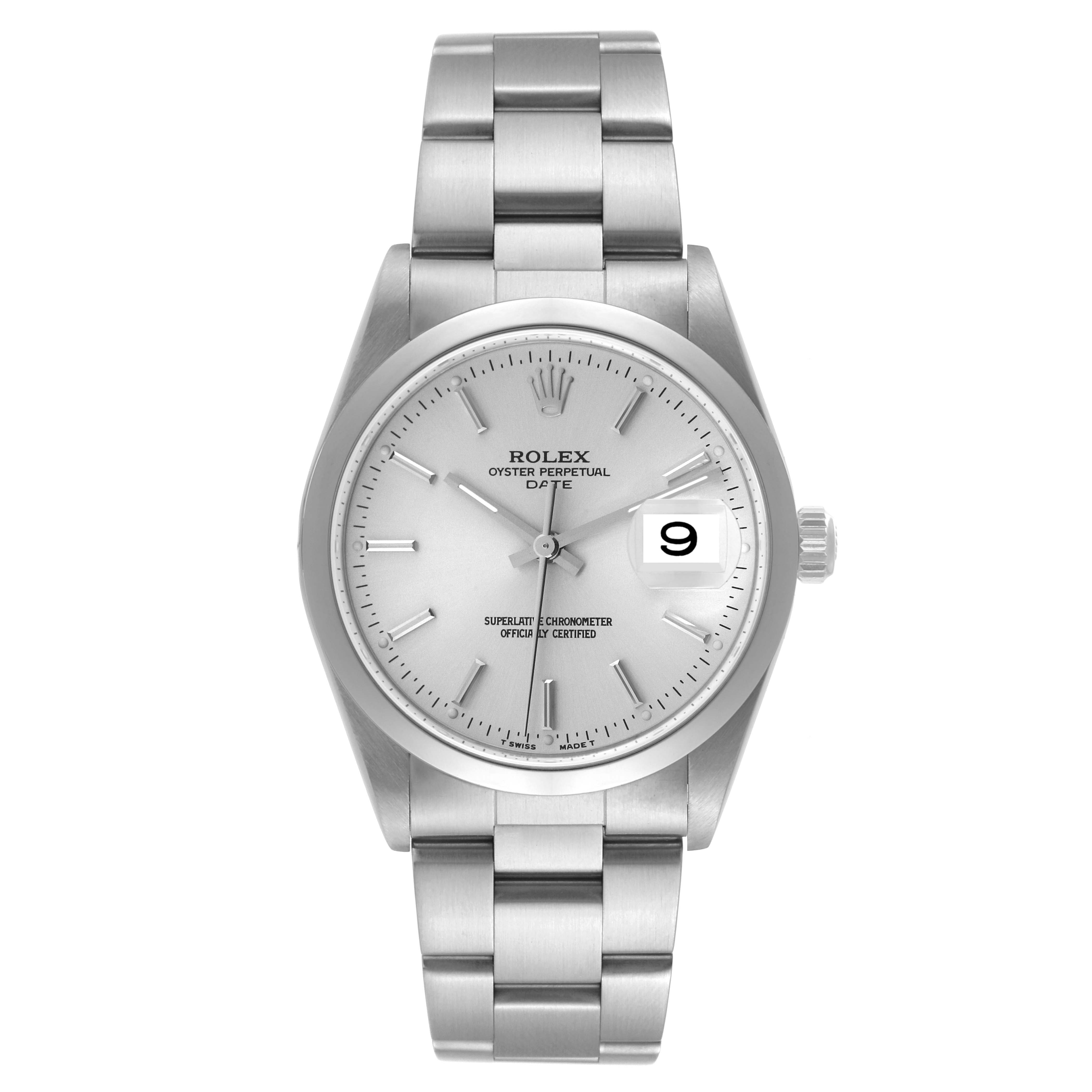 This image shows a front view of a Rolex Date 15200 Men's Stainless Steel Silver Dial 15200 Men's Stainless Steel Silver Dial model watch, displaying the dial, hands, date window, case, and bracelet.