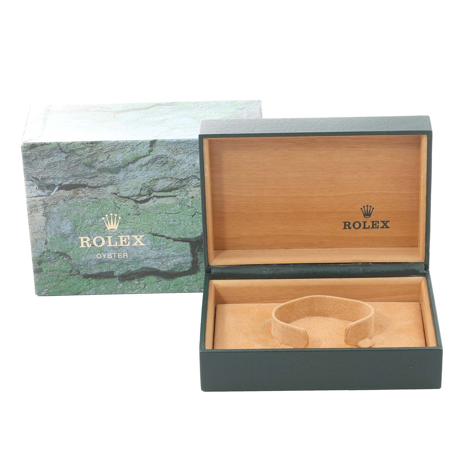 This is a Rolex Date 15200 Men's Stainless Steel Silver Dial 15200 Men's Stainless Steel Silver Dial model watch box and packaging, shown from a front angle with the box open.