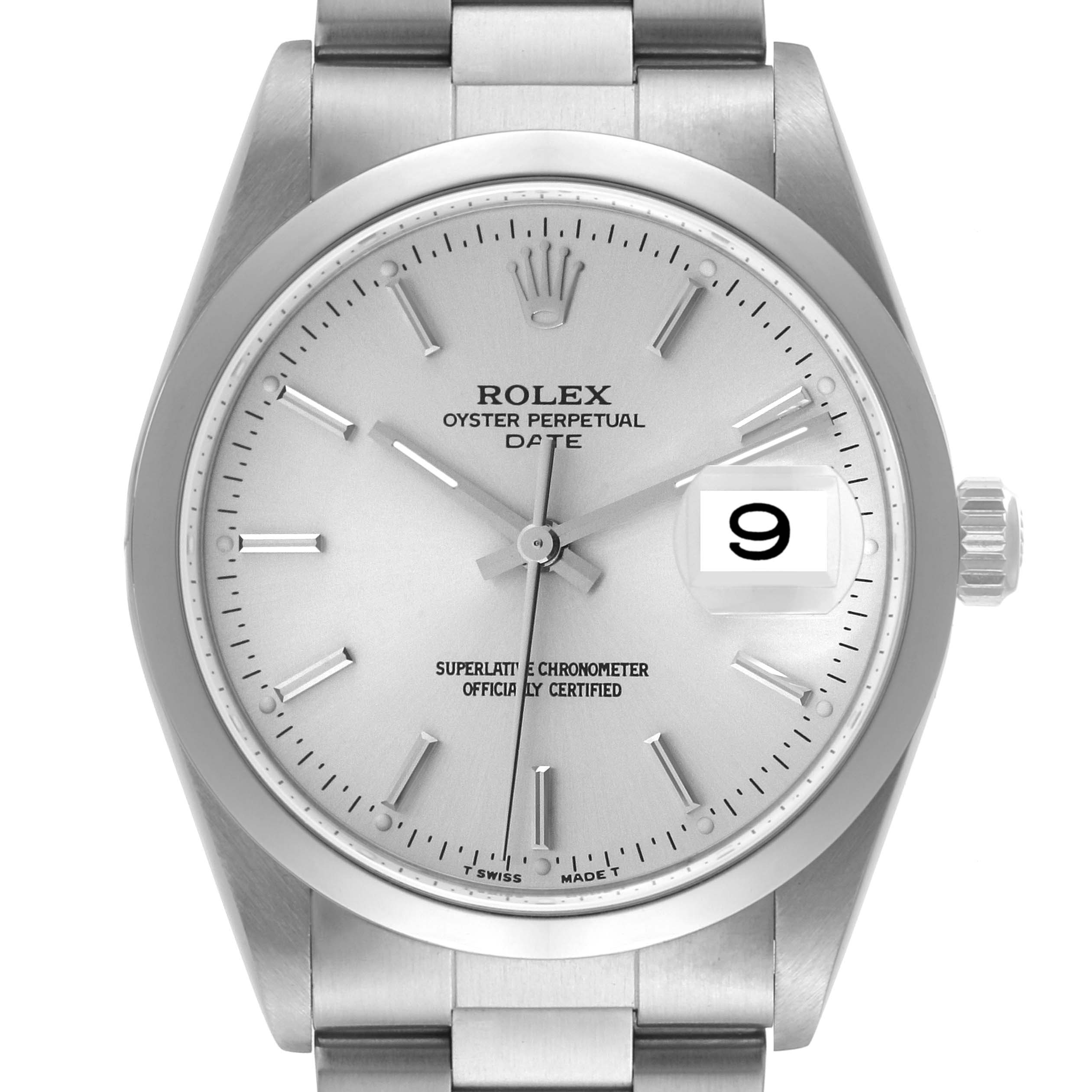 This image shows a close-up of the dial, bezel, and bracelet of the Rolex Oyster Perpetual Date watch.