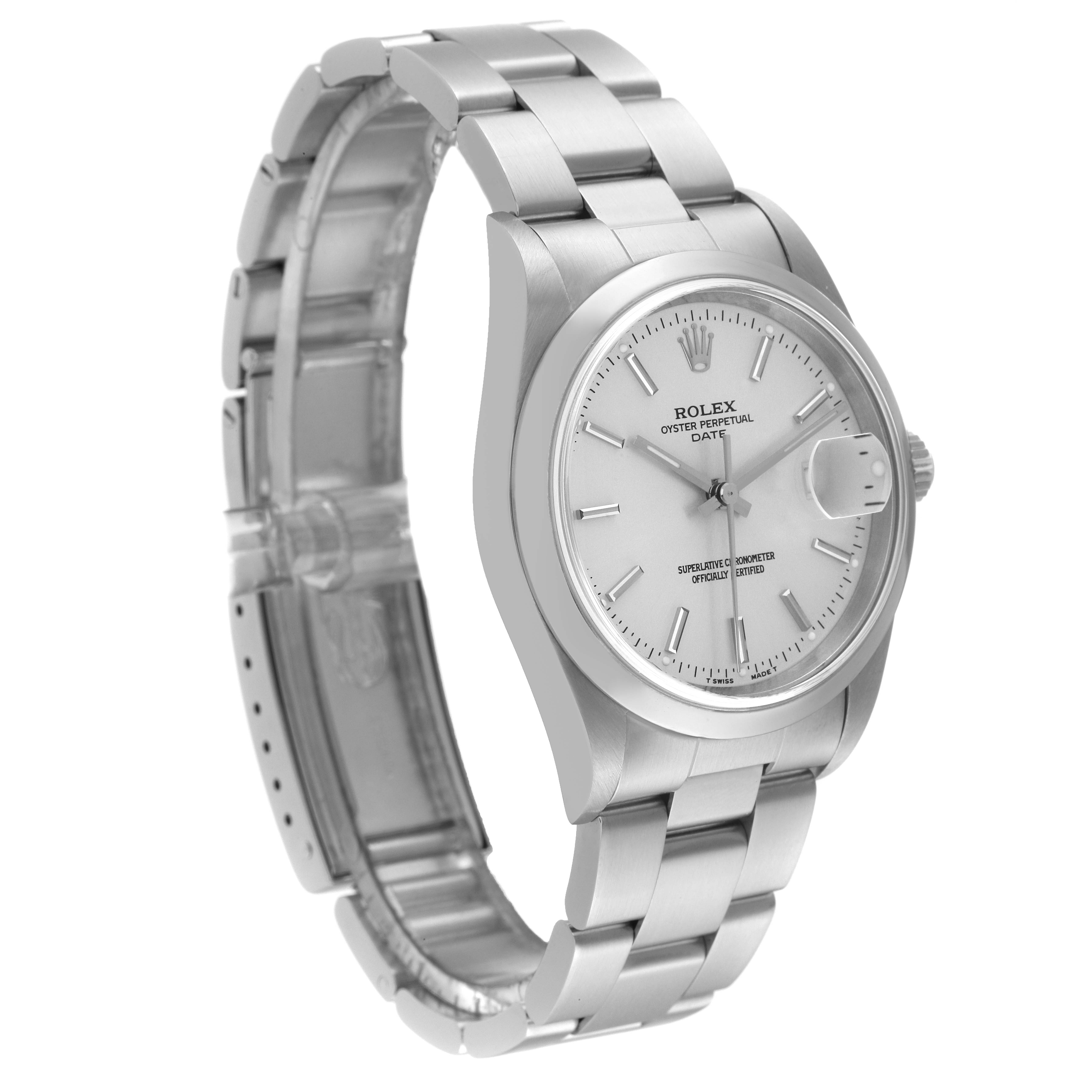 The image shows a Rolex Date 15200 Men's Stainless Steel Silver Dial 15200 Men's Stainless Steel Silver Dial model watch at a three-quarter angle, displaying the bracelet, case, and dial.