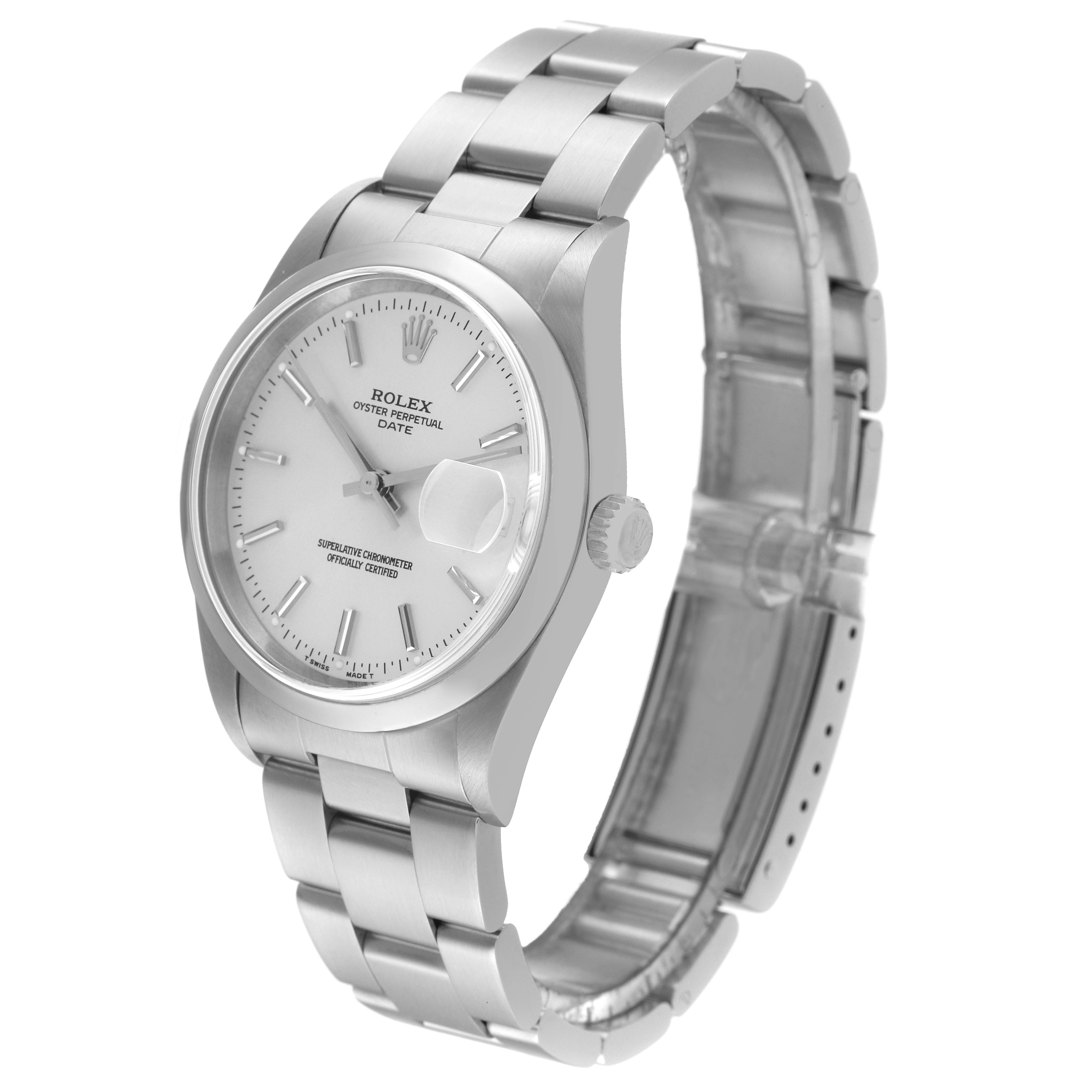 The image shows a left-side angle of a Rolex Date 15200 Men's Stainless Steel Silver Dial 15200 Men's Stainless Steel Silver Dial model watch, highlighting its dial, bracelet, and crown.