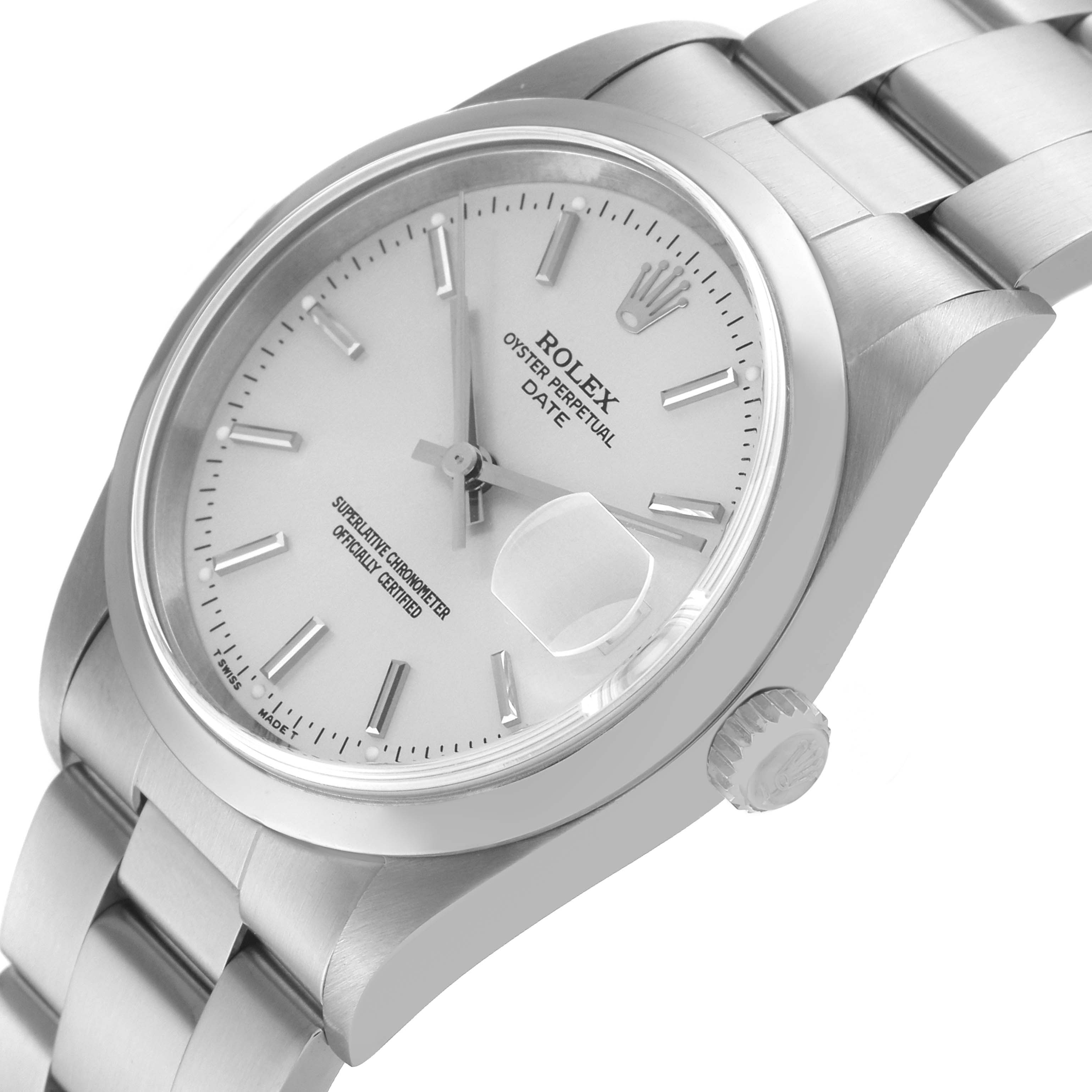 The image shows a close-up angled view of the Rolex Date 15200 Men's Stainless Steel Silver Dial 15200 Men's Stainless Steel Silver Dial model watch, highlighting its face, crown, and part of the bracelet.