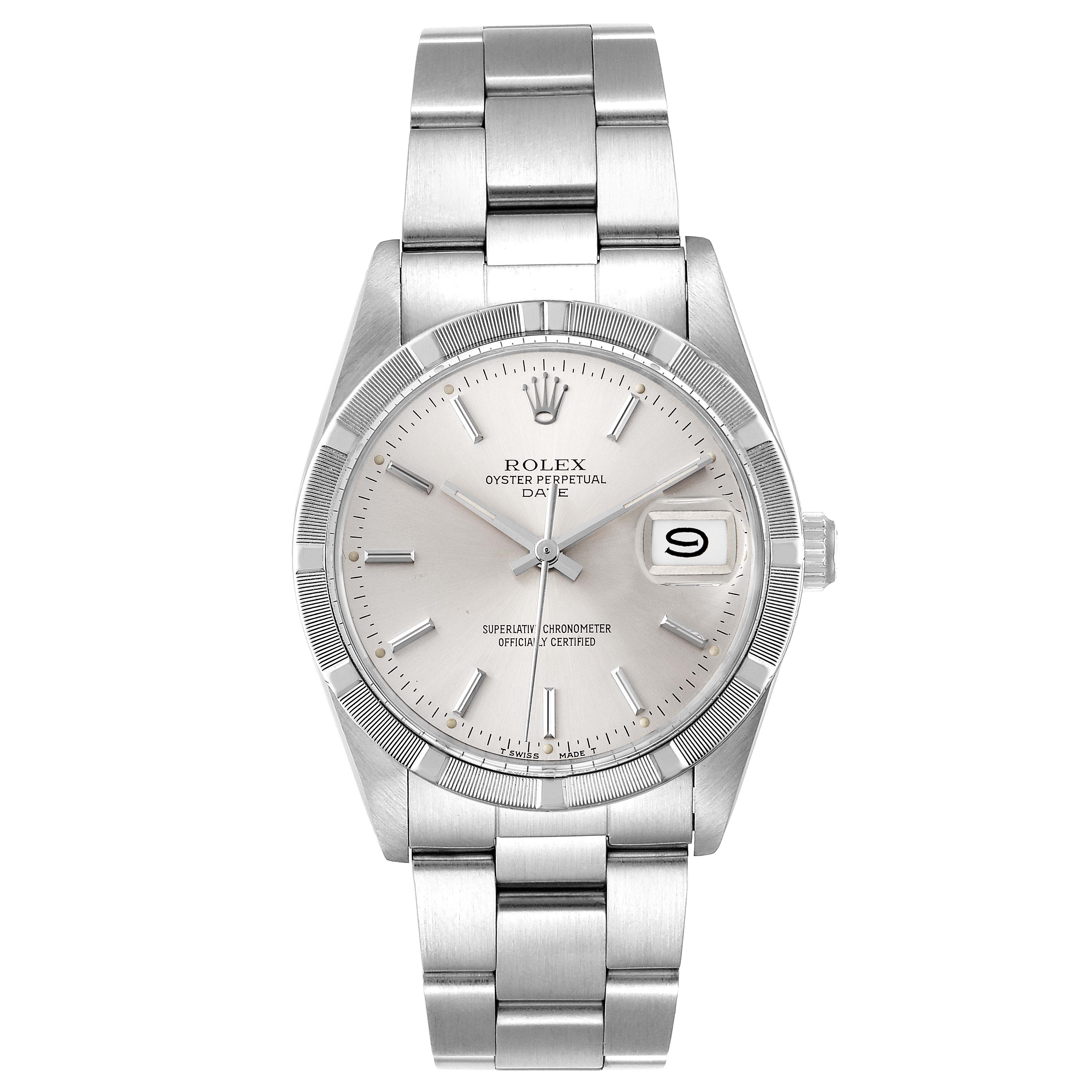 This Rolex Vintage Collection 15010 Men
s Stainless Steel Silver Dial 15010 Men
s Stainless Steel Silver Dial model watch is shown from a top-down angle, displaying its face, bracelet, and bezel.