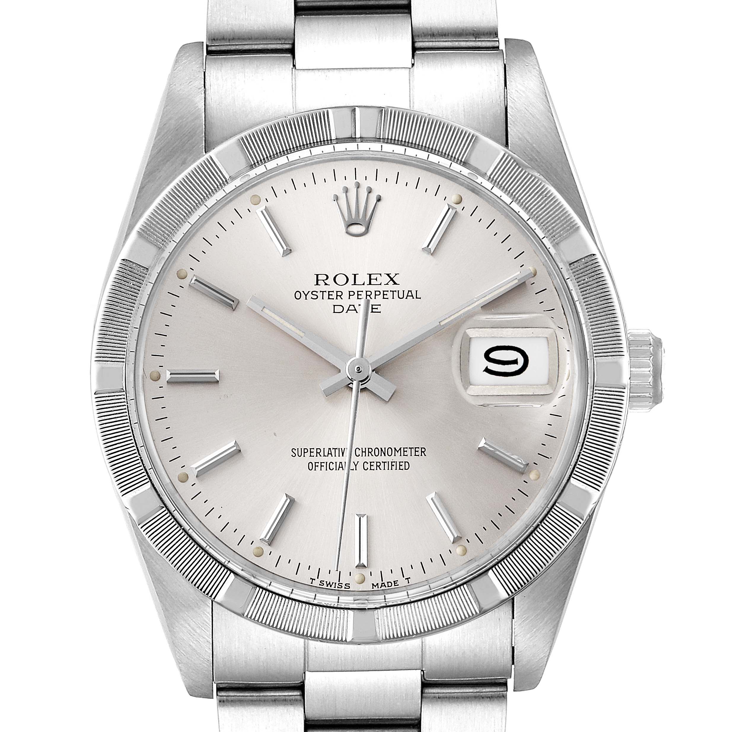 The image shows a close-up front view of the dial and bezel of the Rolex Vintage Collection 15010 Men
s Stainless Steel Silver Dial 15010 Men
s Stainless Steel Silver Dial Oyster Perpetual Date model watch.