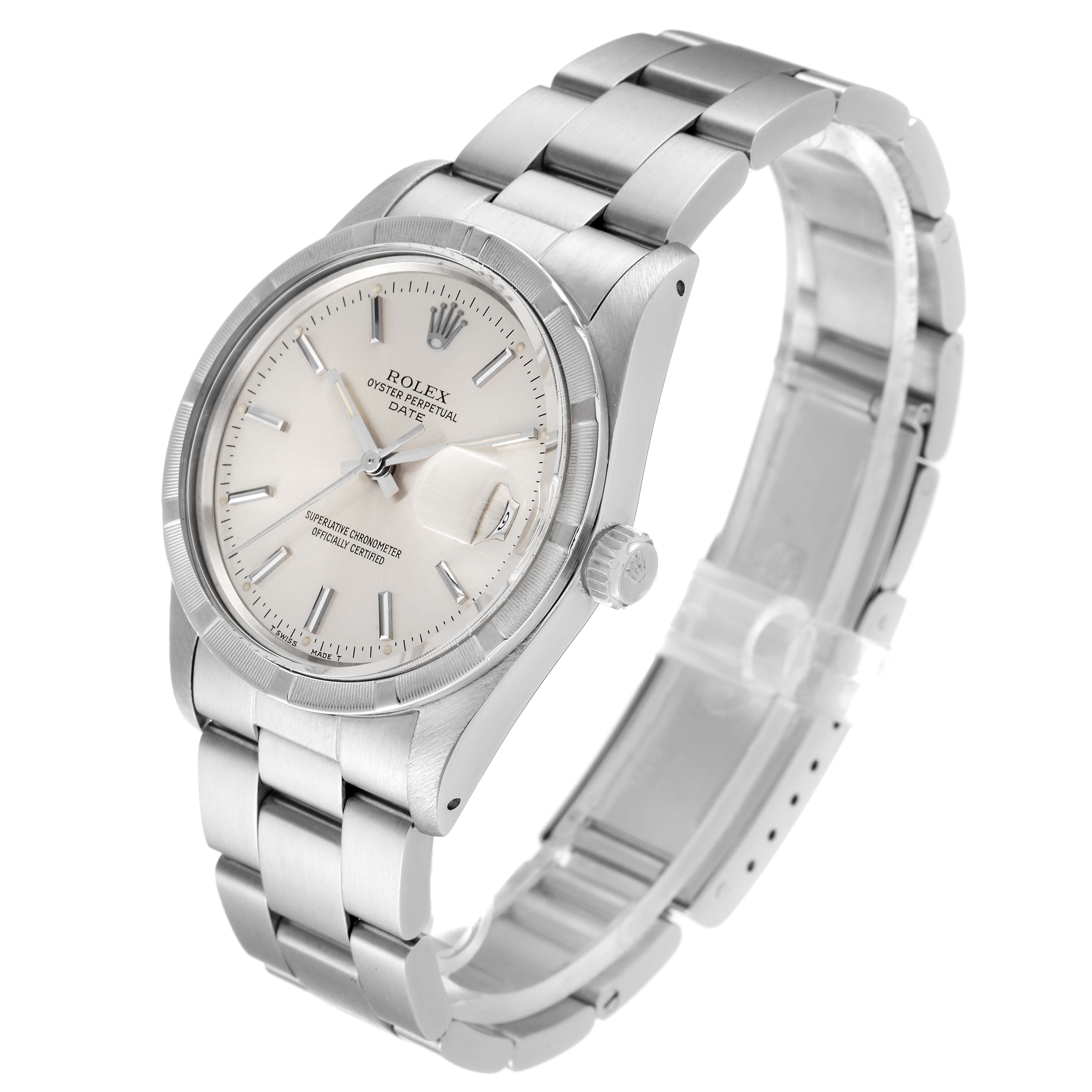 The image shows a side angle of the Rolex Vintage Collection 15010 Men
s Stainless Steel Silver Dial 15010 Men
s Stainless Steel Silver Dial watch, highlighting the dial, bezel, crown, and bracelet.