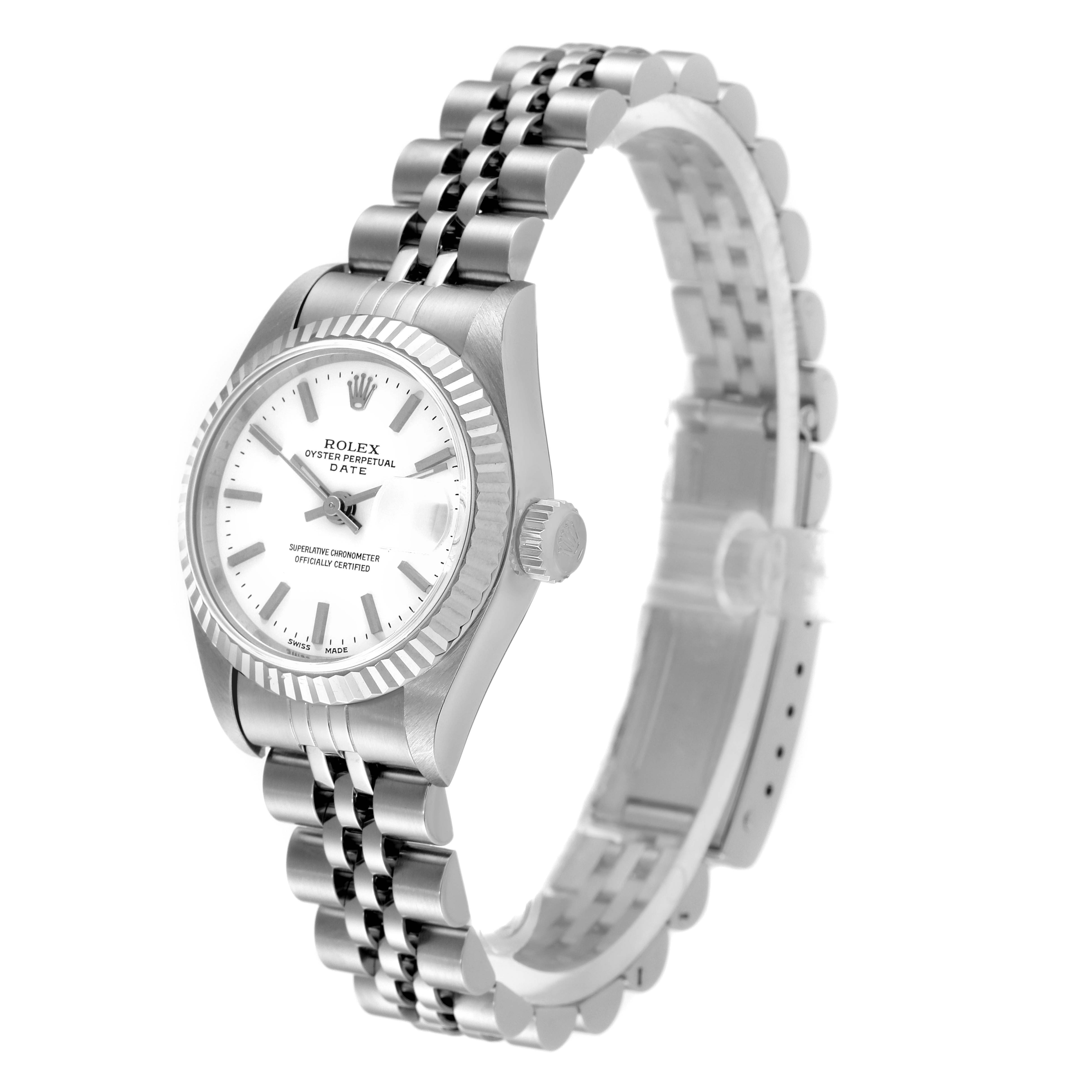 The image shows a Rolex Date 69174 Women
s Stainless Steel White Dial 69174 Women
s Stainless Steel White Dial model watch at a front-left 3/4 angle, featuring its face, bezel, crown, and bracelet.