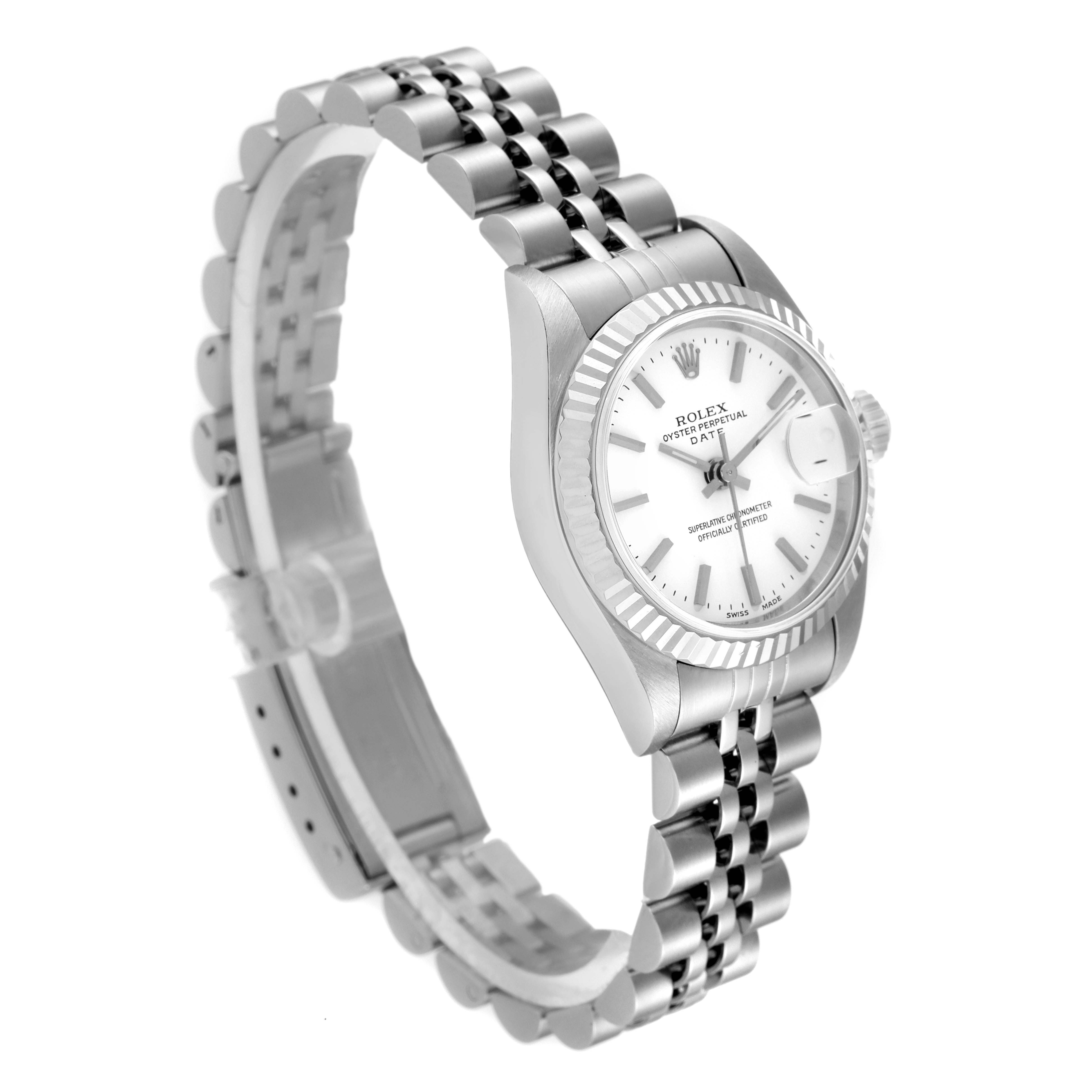 This image shows a side angle of the Rolex Date 69174 Women
s Stainless Steel White Dial 69174 Women
s Stainless Steel White Dial model, featuring the watch face, bezel, and metal bracelet.