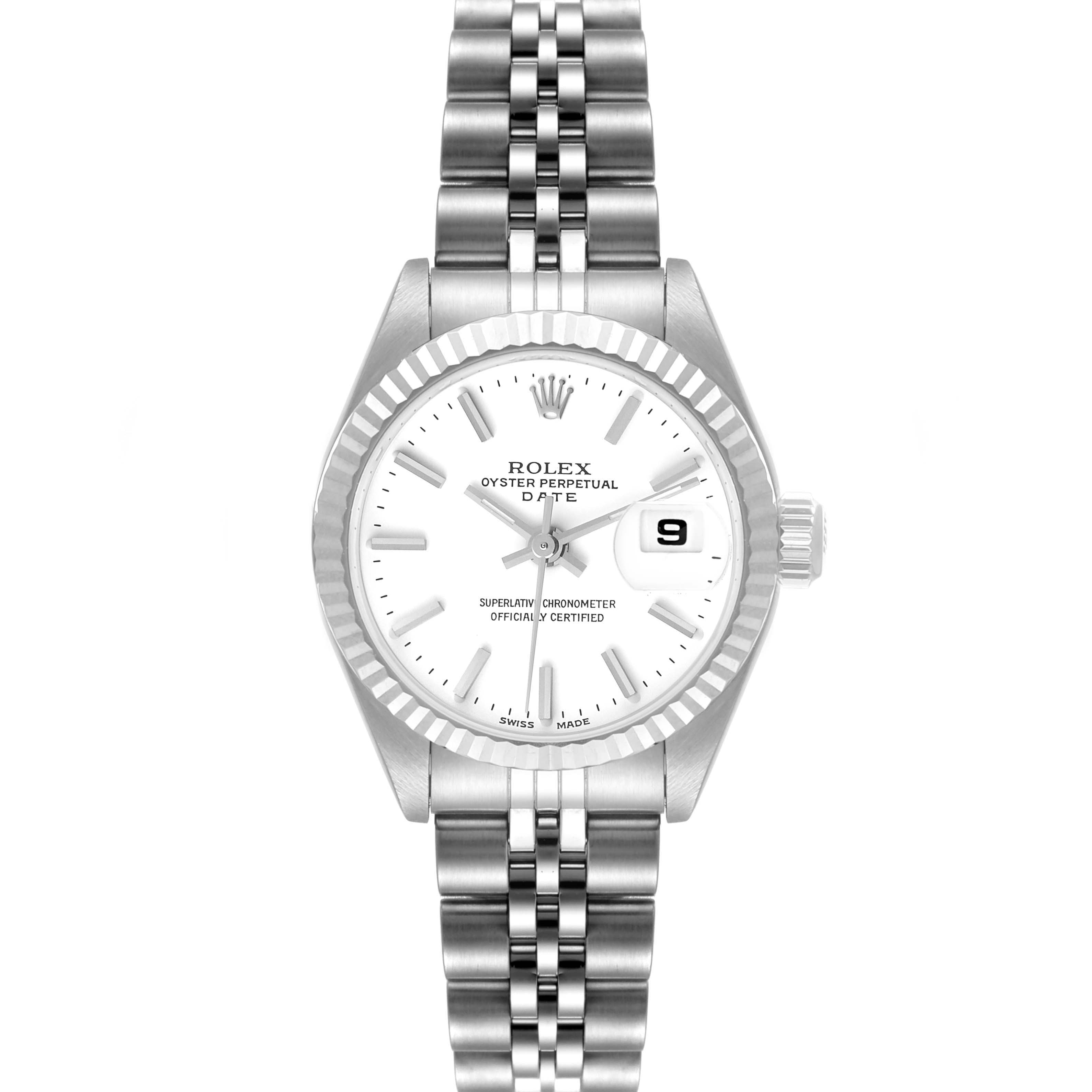 This is a front-facing view of a Rolex Date 69174 Women
s Stainless Steel White Dial 69174 Women
s Stainless Steel White Dial model watch, showcasing its white dial, fluted bezel, and Jubilee bracelet.