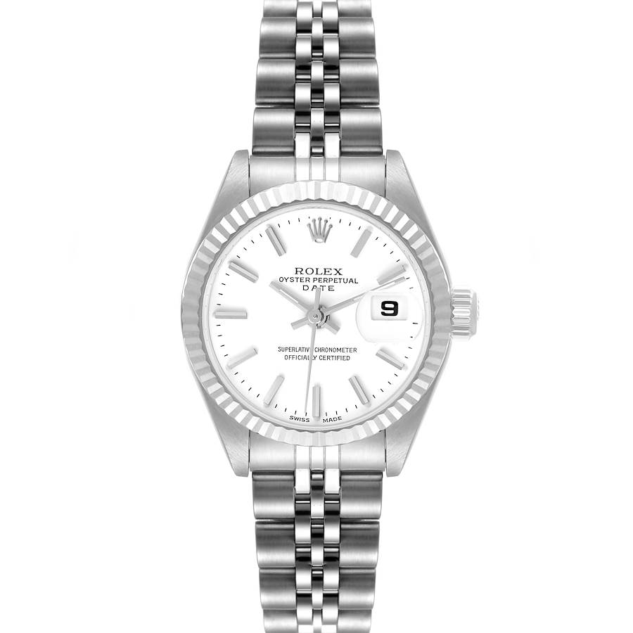 Rolex Date Steel White Gold White Dial Ladies Watch 69174 Box Papers SwissWatchExpo