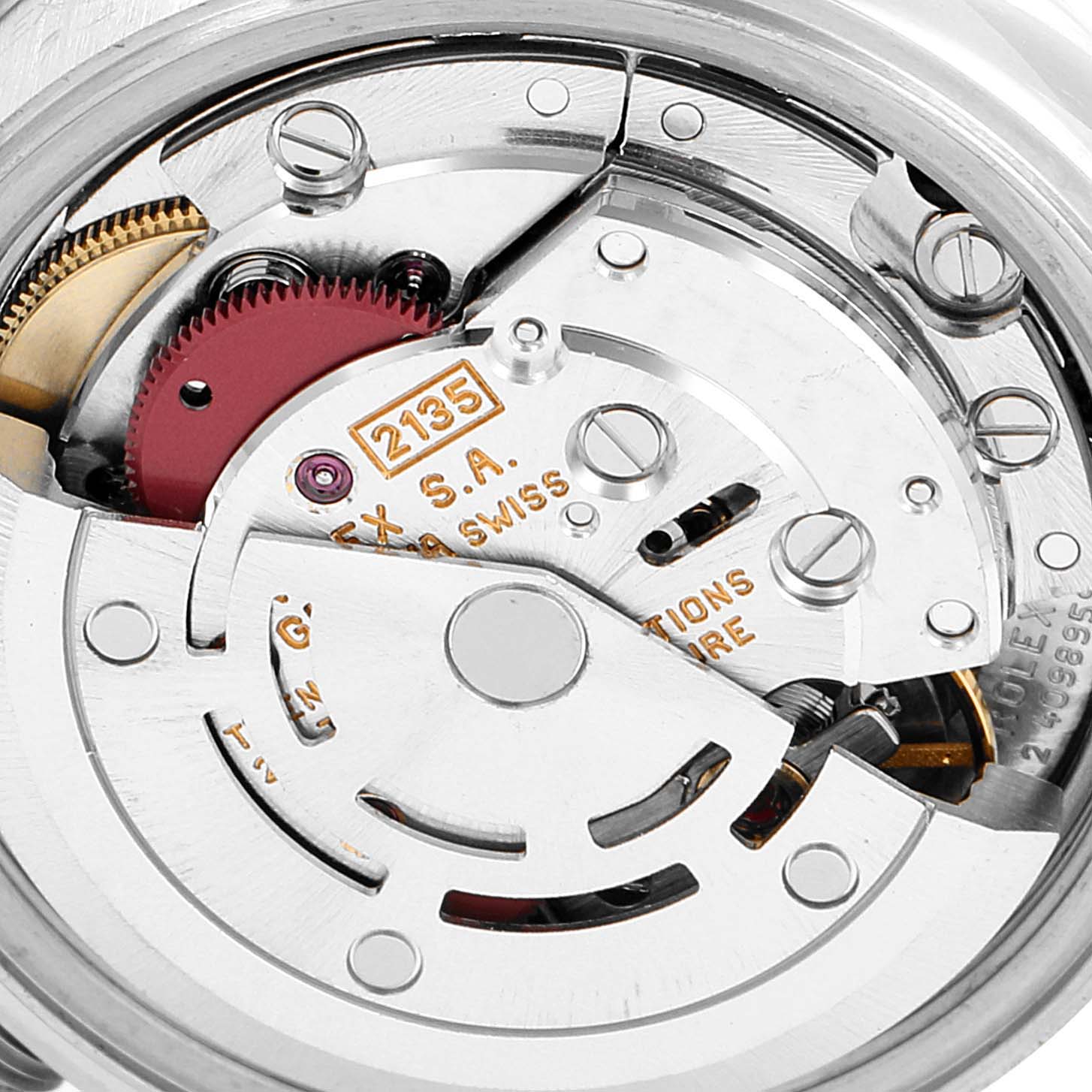 The image shows the inner mechanical parts of a Rolex Date 69174 Women
s Stainless Steel White Dial 69174 Women
s Stainless Steel White Dial model watch, focusing on the movement components.