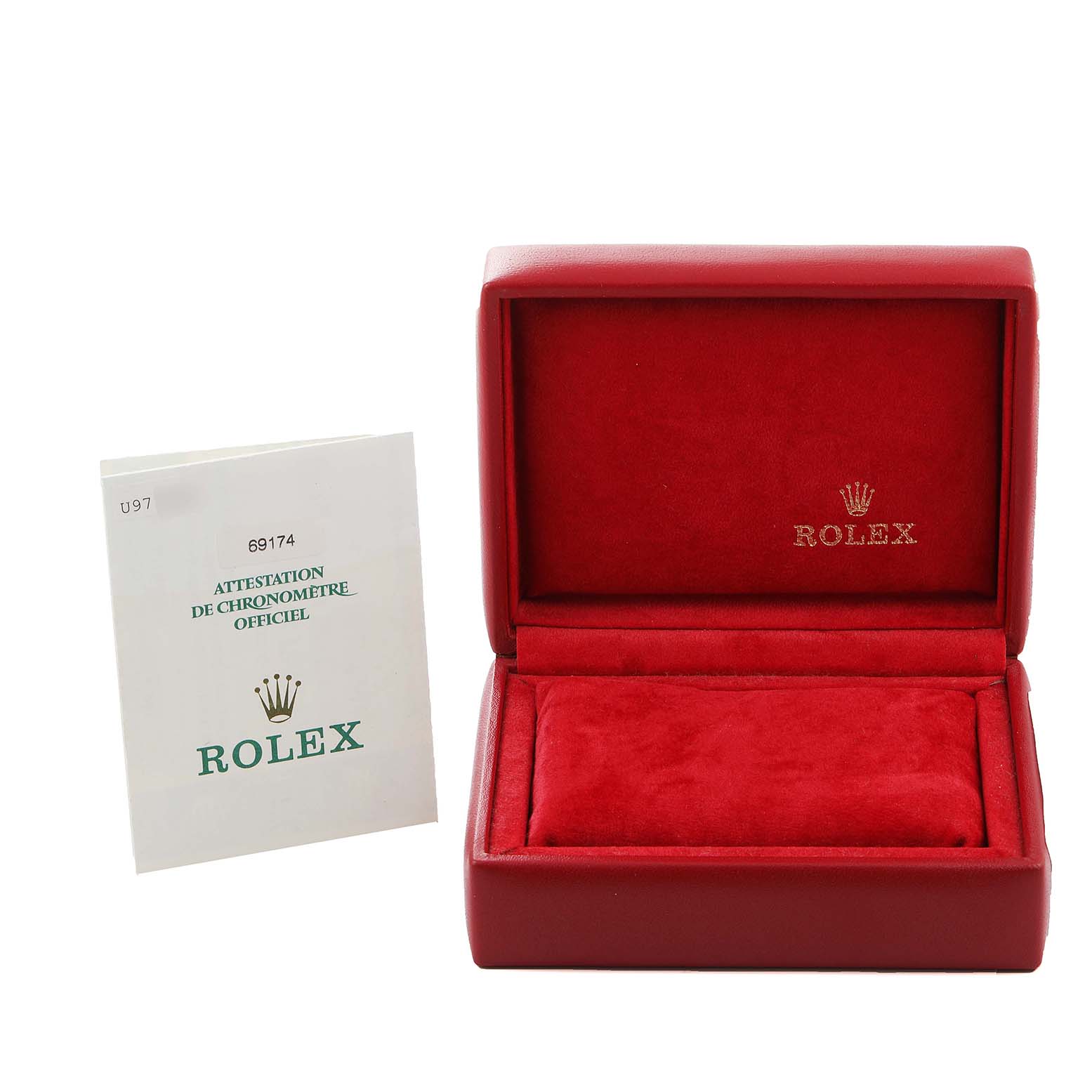 This image shows a Rolex Date 69174 Women
s Stainless Steel White Dial 69174 Women
s Stainless Steel White Dial model watch box in red, along with its Best Quality
ation certificate.
