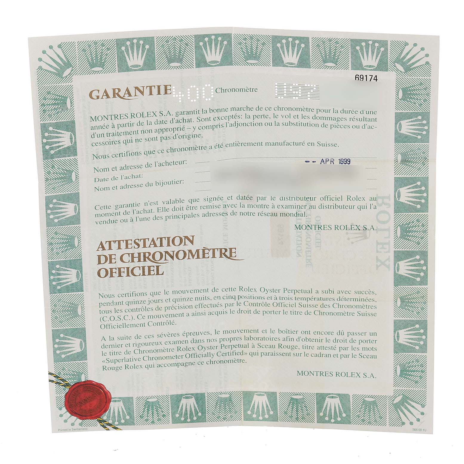 The image shows a warranty and official chronometer certification card for the Rolex Date 69174 Women
s Stainless Steel White Dial 69174 Women
s Stainless Steel White Dial model watch.