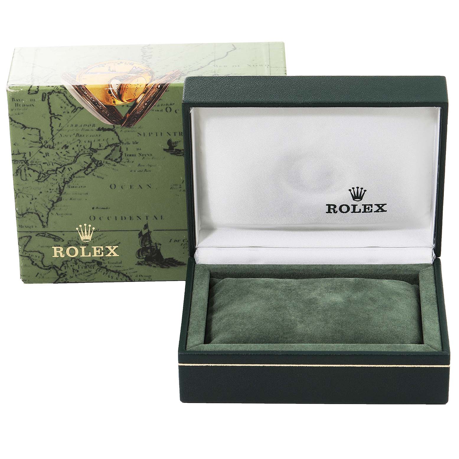 The image shows an empty green Rolex Date 79240 Women
s Stainless Steel White Dial 79240 Women
s Stainless Steel White Dial model watch box and its outer packaging.