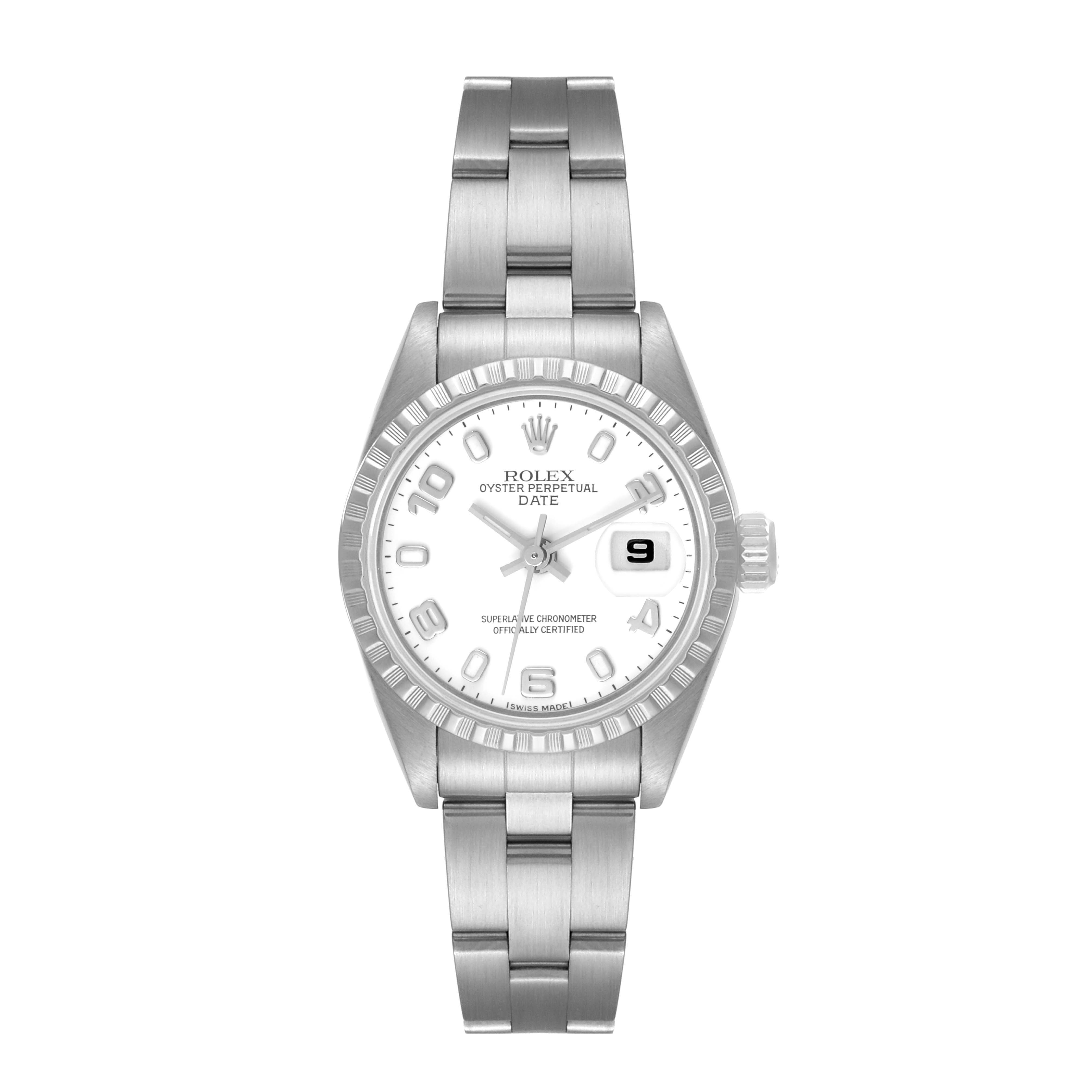 This image shows a front view of the Rolex Oyster Perpetual Date model, displaying the face, bezel, and bracelet.