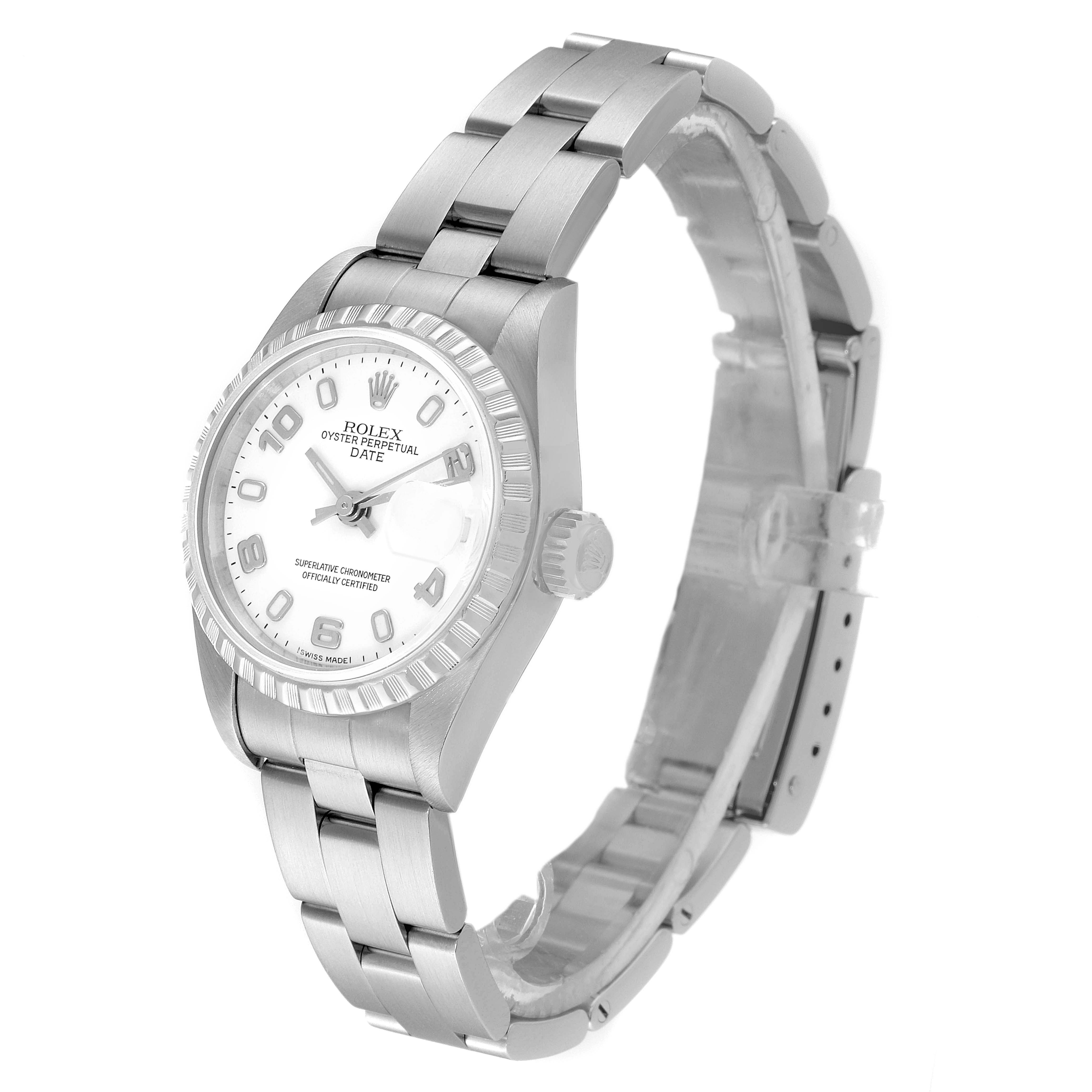 The Rolex Date 79240 Women
s Stainless Steel White Dial 79240 Women
s Stainless Steel White Dial watch is shown at a slight angle, displaying its face, bezel, crown, and bracelet.