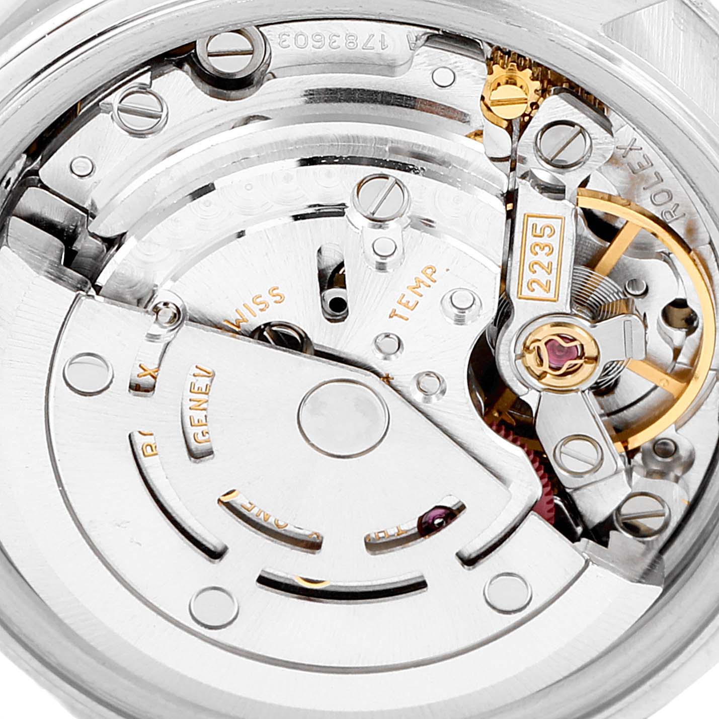 This image shows a close-up view of the movement and internal components of a Rolex Date 79240 Women
s Stainless Steel White Dial 79240 Women
s Stainless Steel White Dial watch.