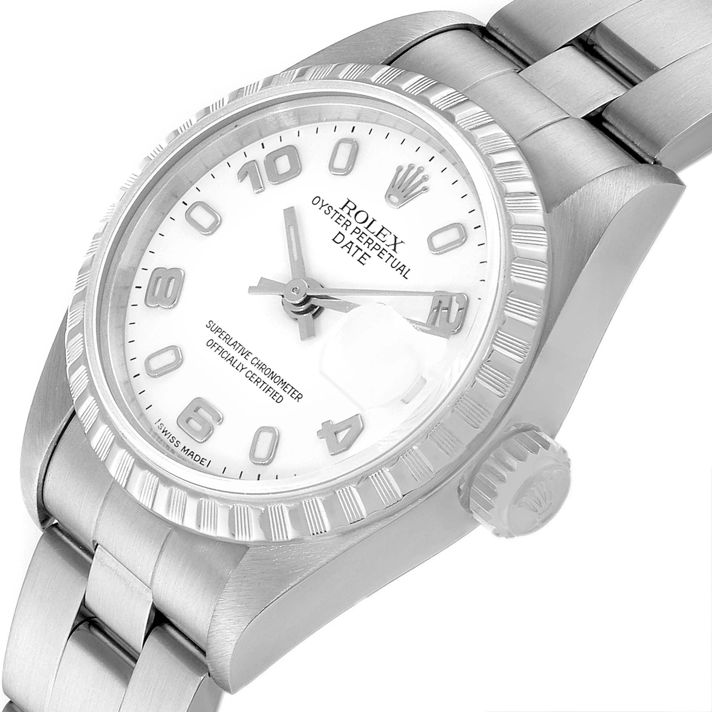 This image shows a close-up, angled view of the Rolex Date 79240 Women
s Stainless Steel White Dial 79240 Women
s Stainless Steel White Dial model watch, featuring its dial, bezel, and part of the bracelet.