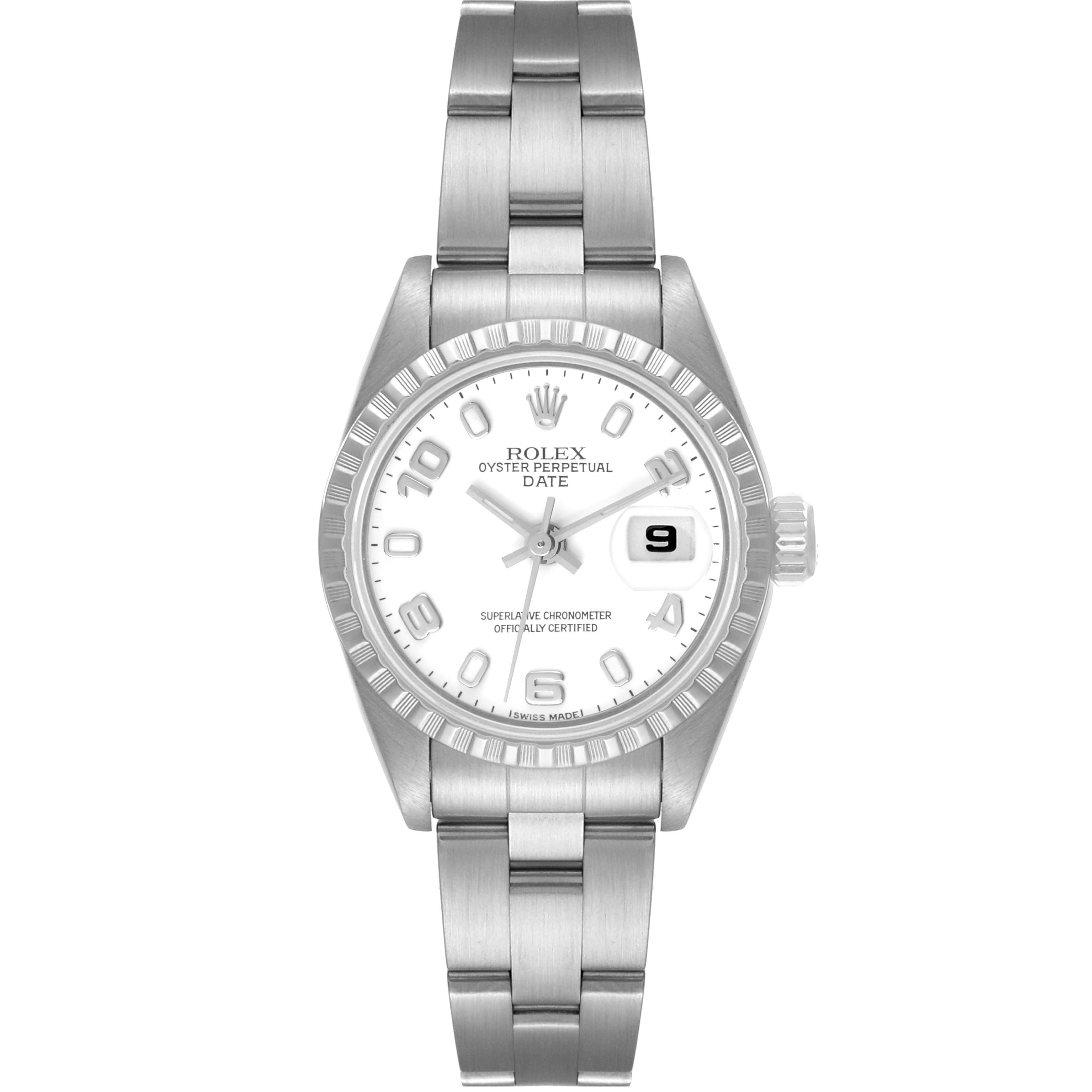The image shows a front view of a Rolex Date 79240 Women
s Stainless Steel White Dial 79240 Women
s Stainless Steel White Dial model, displaying its white dial, date window, bezel, and stainless steel bracelet.
