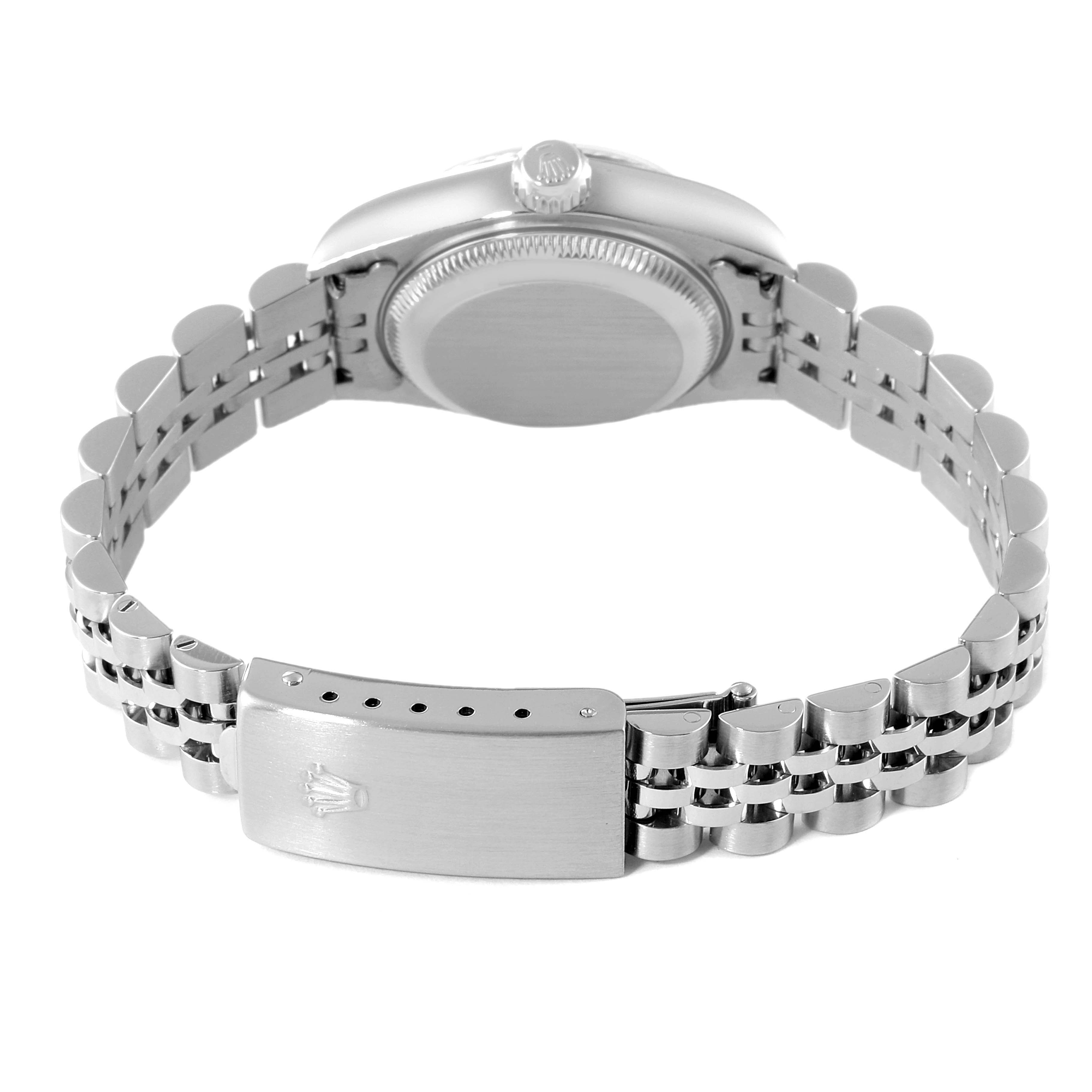 The image shows the backside of a Rolex Datejust 79174 Women's Stainless Steel Pink Dial 79174 Women's Stainless Steel Pink Dial watch, focusing on the clasp and bracelet.