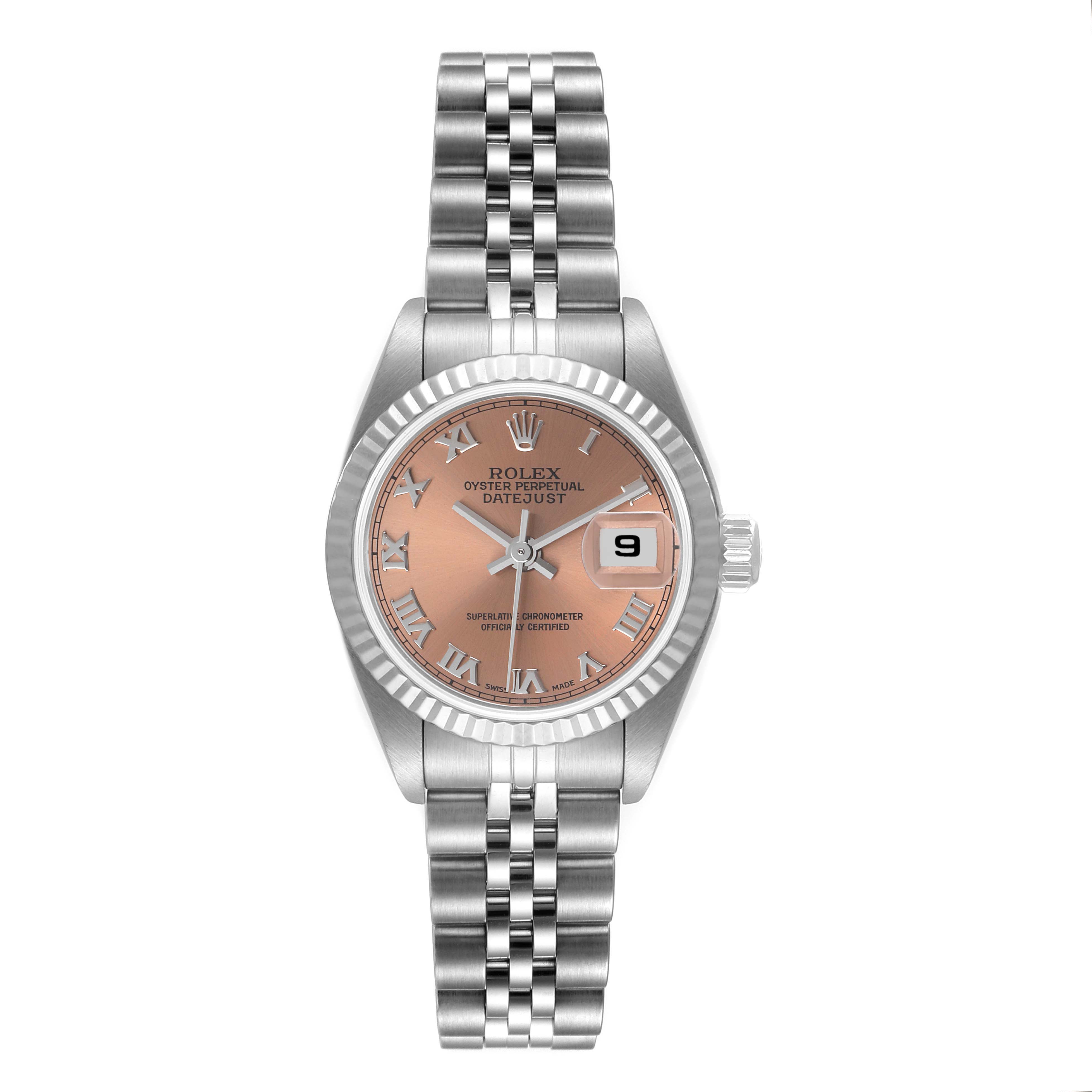 This Rolex Datejust 79174 Women's Stainless Steel Pink Dial 79174 Women's Stainless Steel Pink Dial watch is shown from a top-down angle, highlighting its dial, bezel, and bracelet.