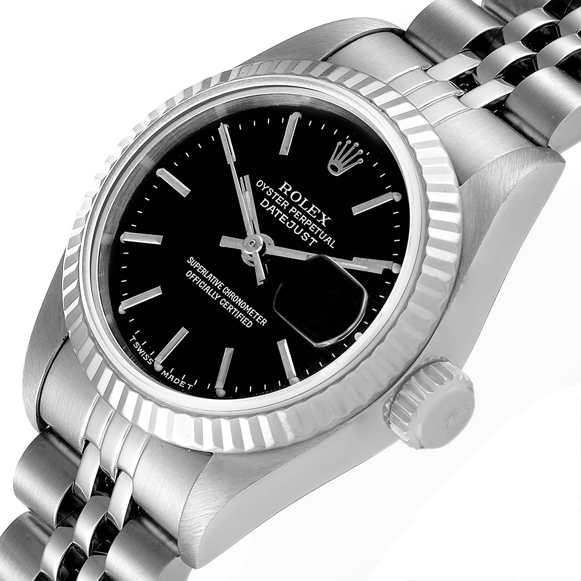 The Rolex Datejust 69174 Women
s Stainless Steel Black Dial 69174 Women
s Stainless Steel Black Dial watch is shown at an angled close-up, displaying the dial, bezel, crown, and part of the bracelet.