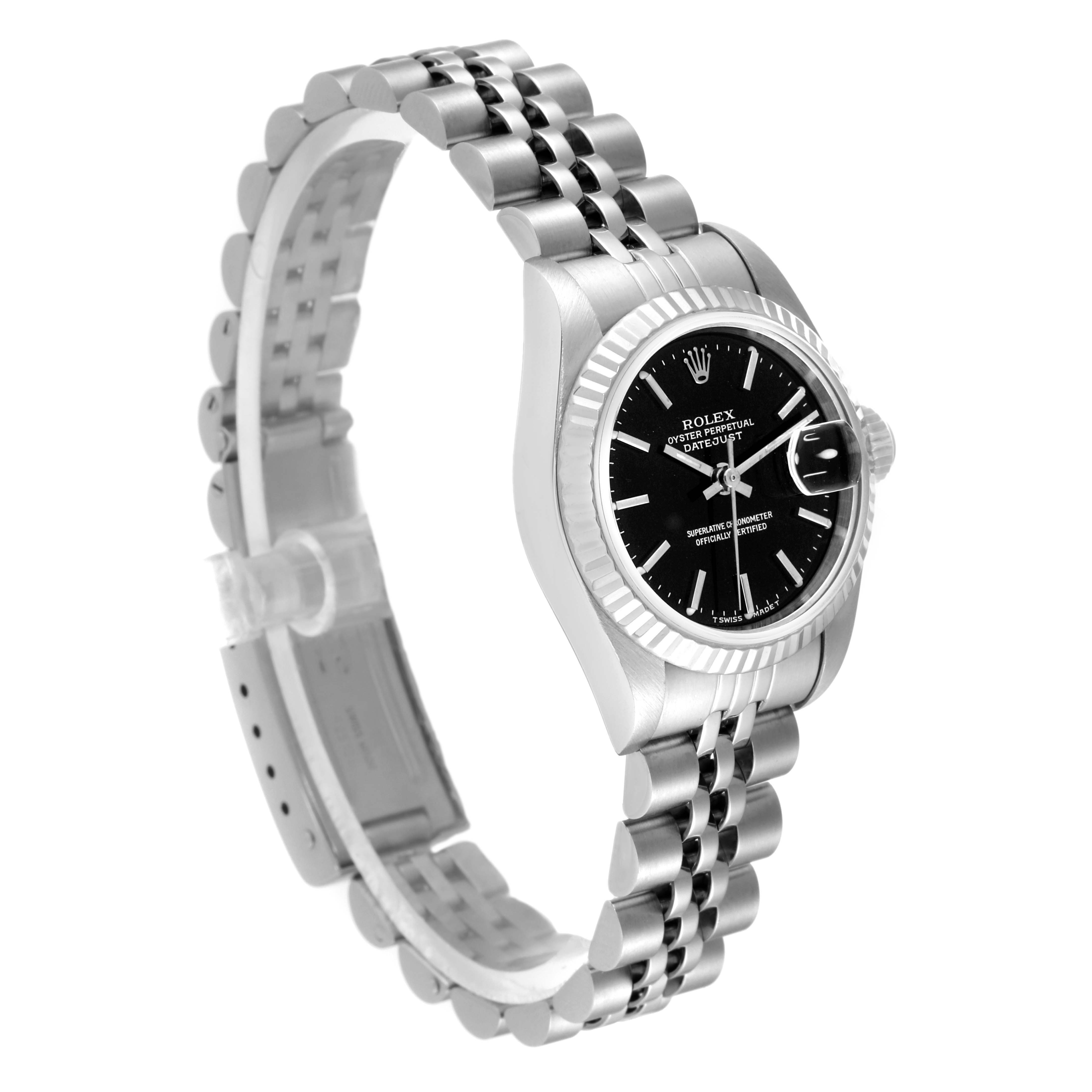 The image shows a side angle of a Rolex Datejust 69174 Women
s Stainless Steel Black Dial 69174 Women
s Stainless Steel Black Dial watch, highlighting its face, bezel, and bracelet.