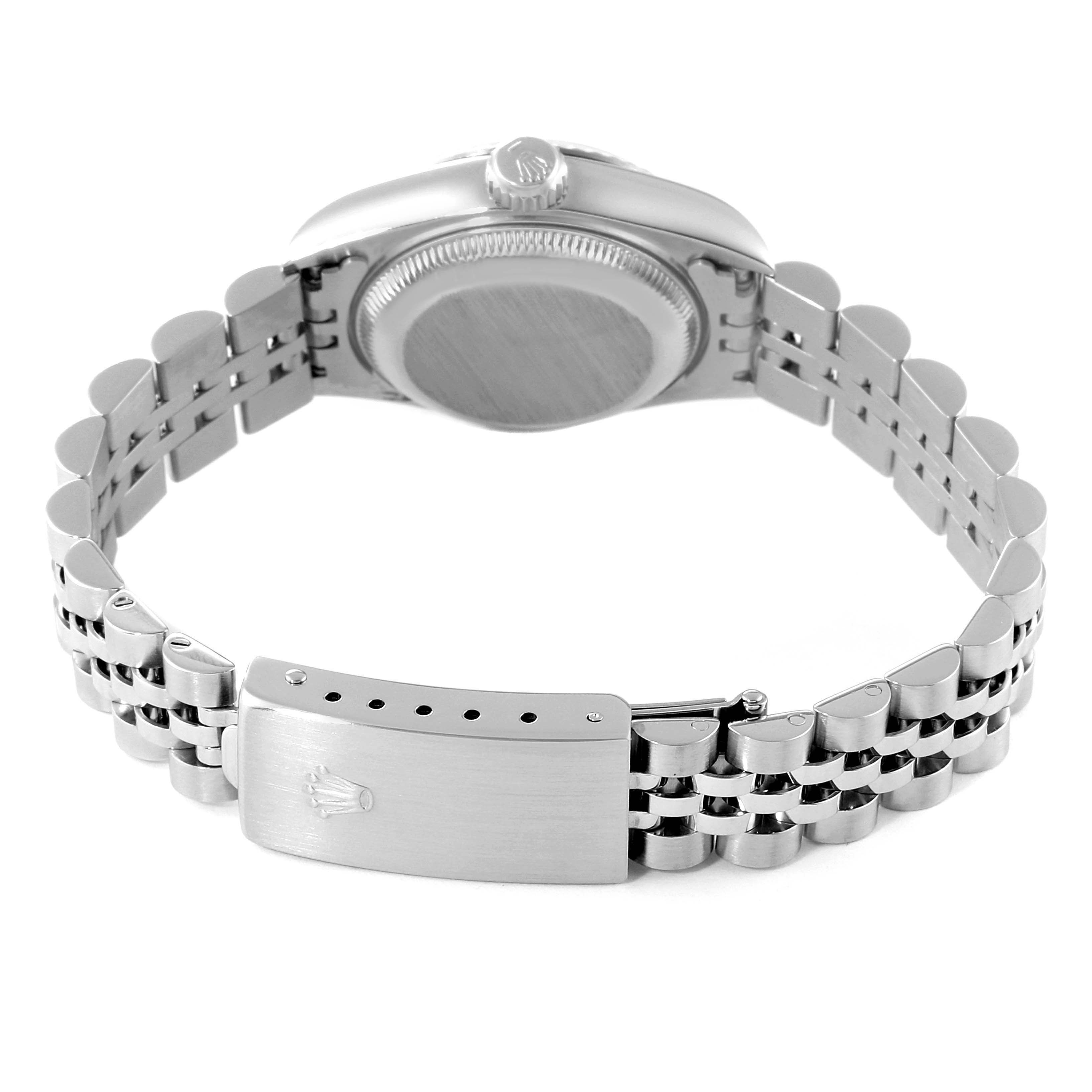 This image shows the rear view of a Rolex Datejust 69174 Women
s Stainless Steel Black Dial 69174 Women
s Stainless Steel Black Dial watch, specifically focusing on the clasp and part of the bracelet.