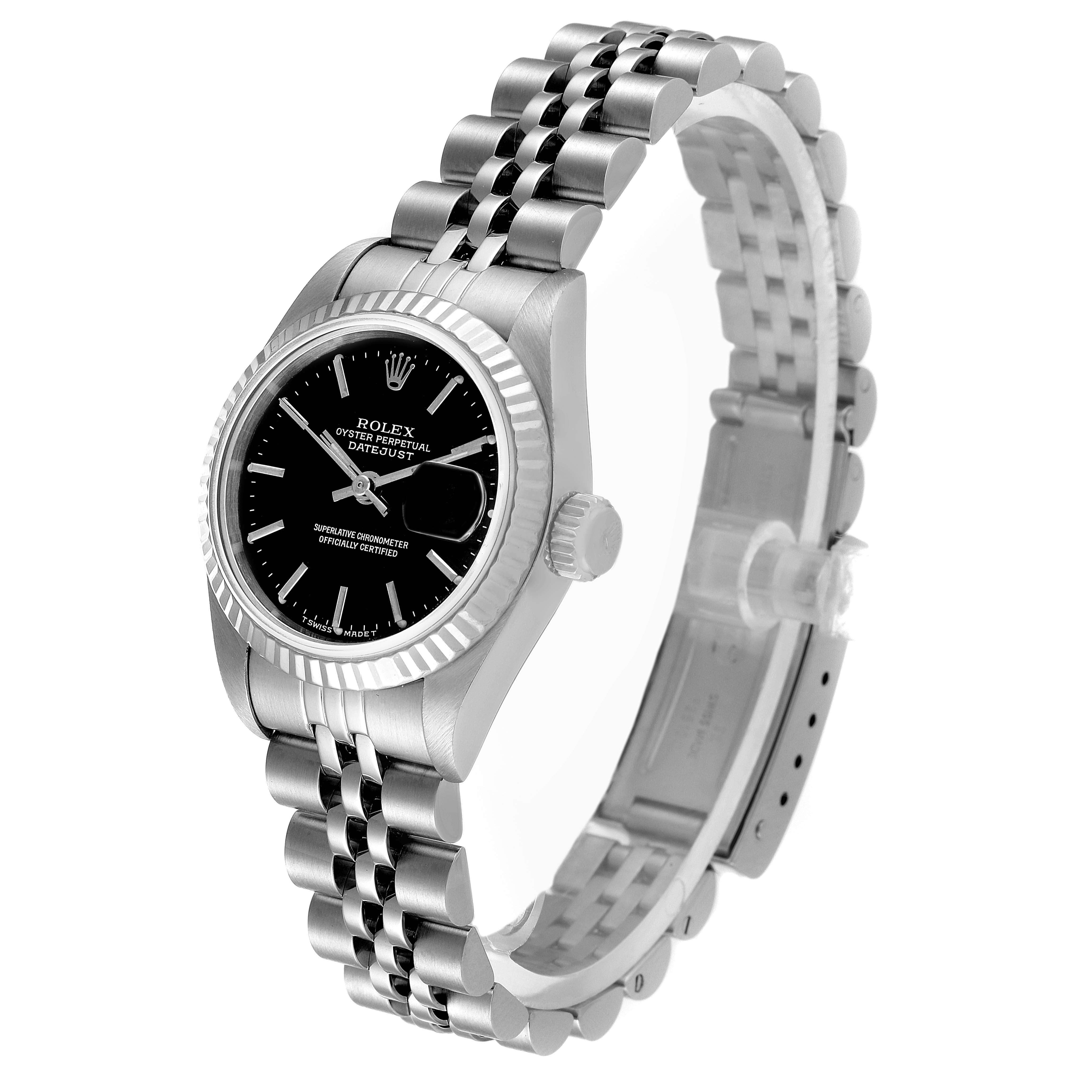 The Rolex Datejust 69174 Women
s Stainless Steel Black Dial 69174 Women
s Stainless Steel Black Dial watch is shown from a front angle, highlighting the face, bezel, crown, and part of the bracelet.