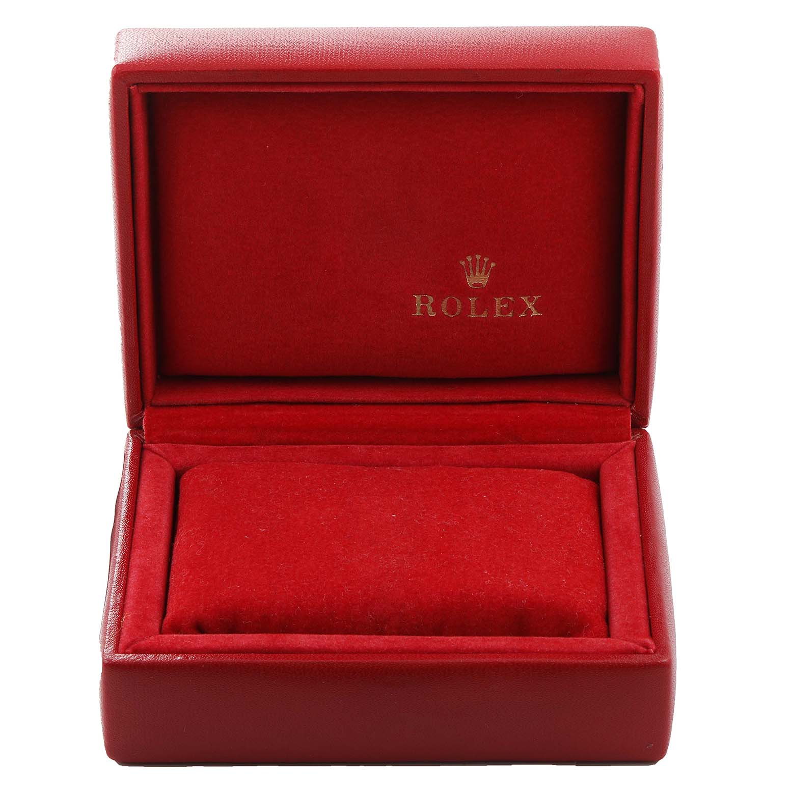 This image shows an open red Rolex box, typically used for housing the Datejust model watch.
