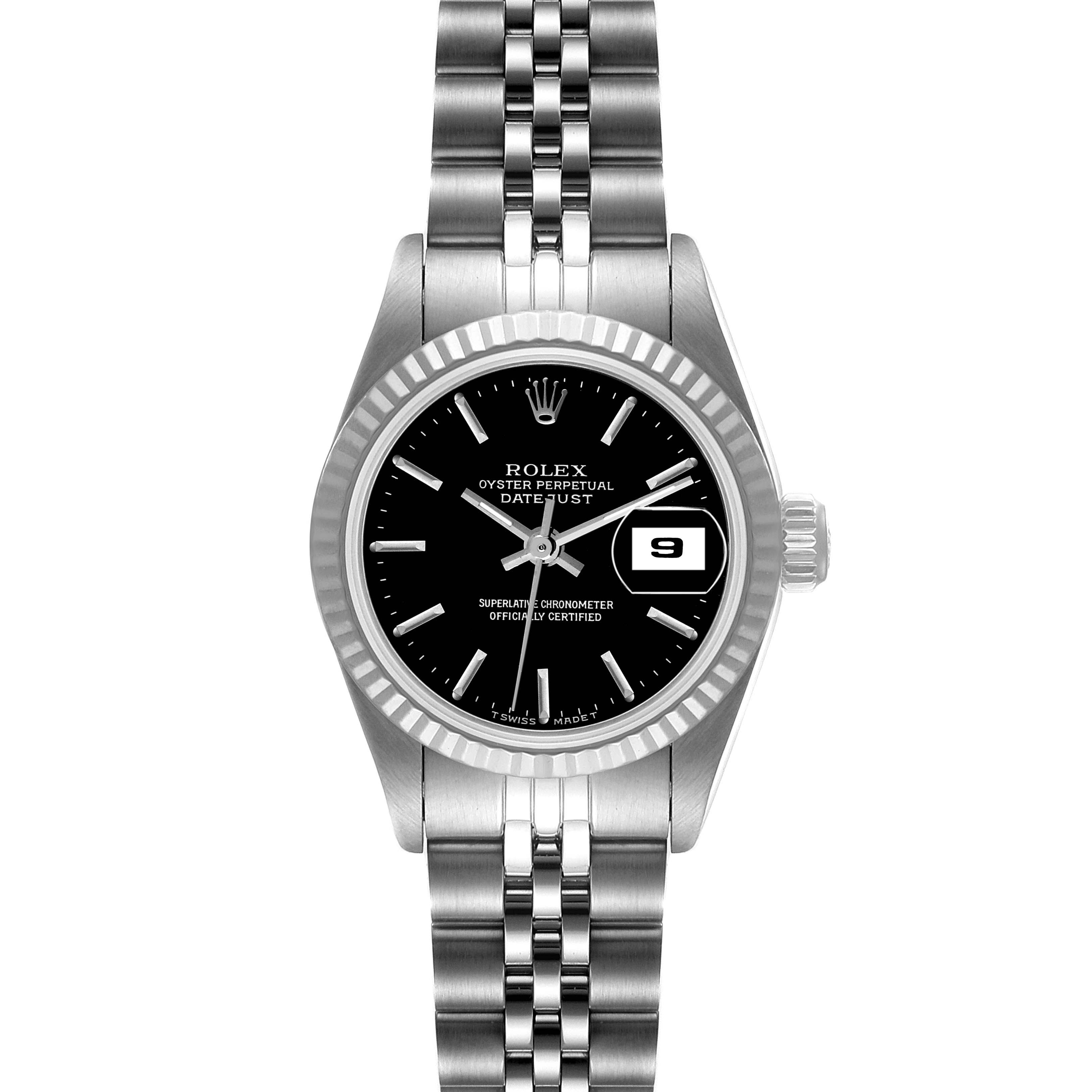 The image shows a front view of a Rolex Datejust 69174 Women
s Stainless Steel Black Dial 69174 Women
s Stainless Steel Black Dial watch, displaying the face, bezel, crown, and part of the bracelet.