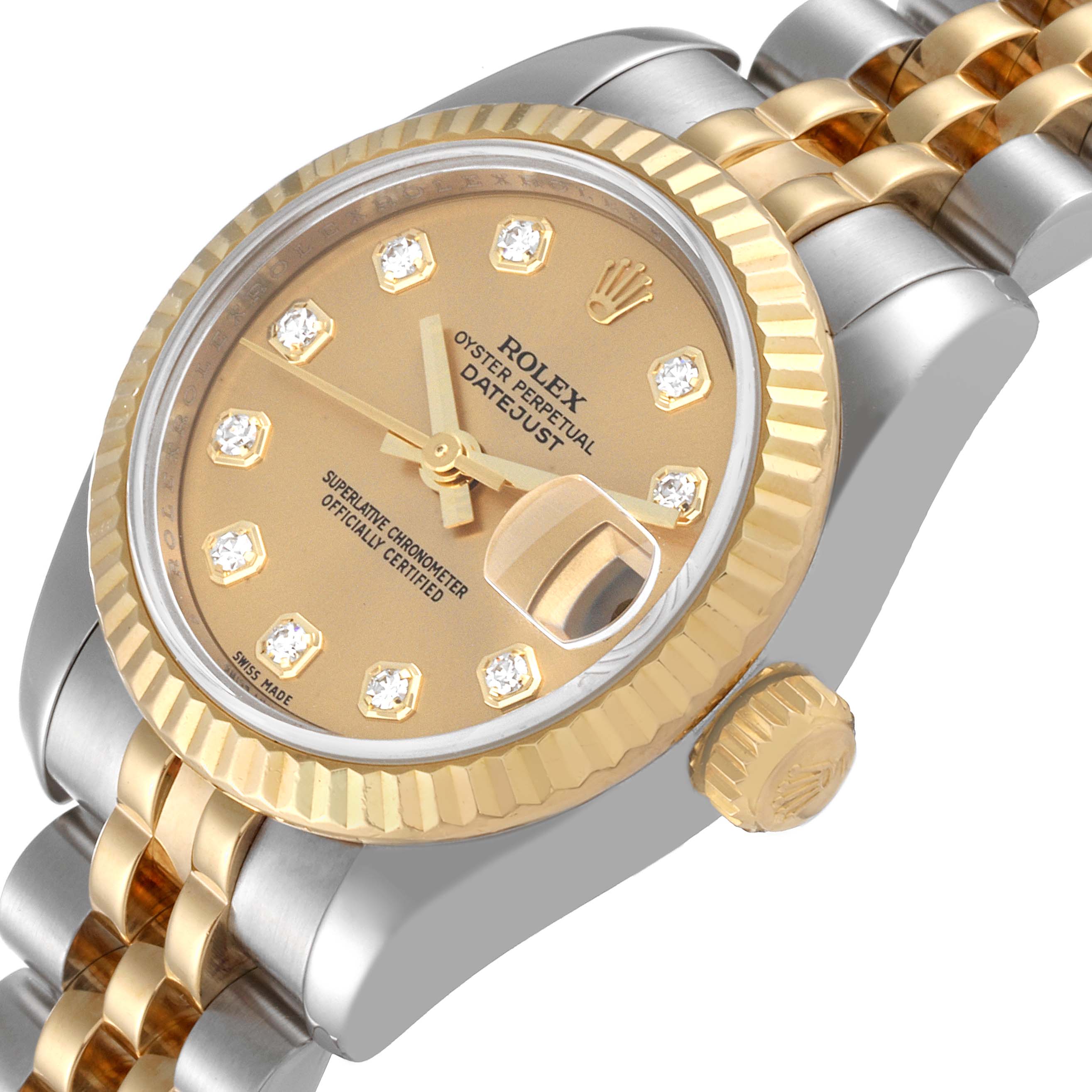 The image shows a close-up angle of a Rolex Datejust 179173 Women's Steel and Gold (two tone) Champagne Dial 179173 Women's Steel and Gold (two tone) Champagne Dial watch, highlighting its dial, bezel, crown, and a two-tone bracelet.