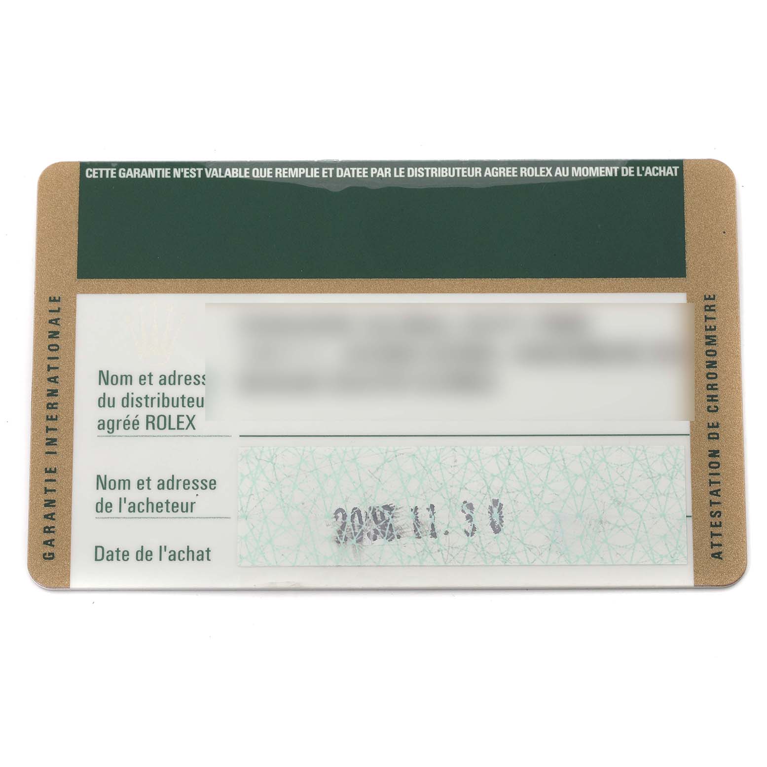 This image shows the warranty card for a Rolex Datejust 179173 Women's Steel and Gold (two tone) Champagne Dial 179173 Women's Steel and Gold (two tone) Champagne Dial watch, displaying the purchase date and dealer information.