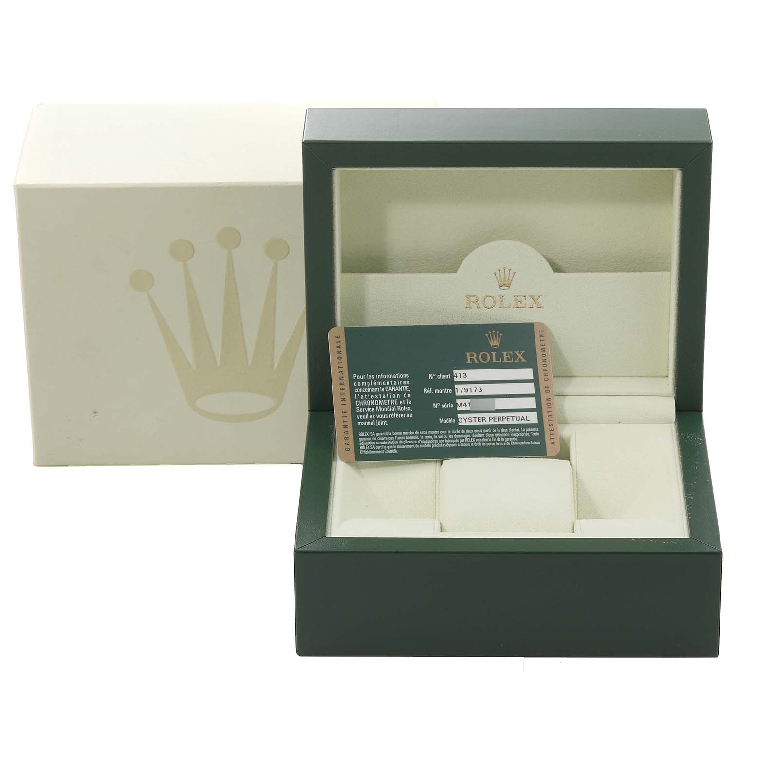 The image shows a Rolex Datejust 179173 Women's Steel and Gold (two tone) Champagne Dial 179173 Women's Steel and Gold (two tone) Champagne Dial watch box, open, with an authenticity card placed inside.