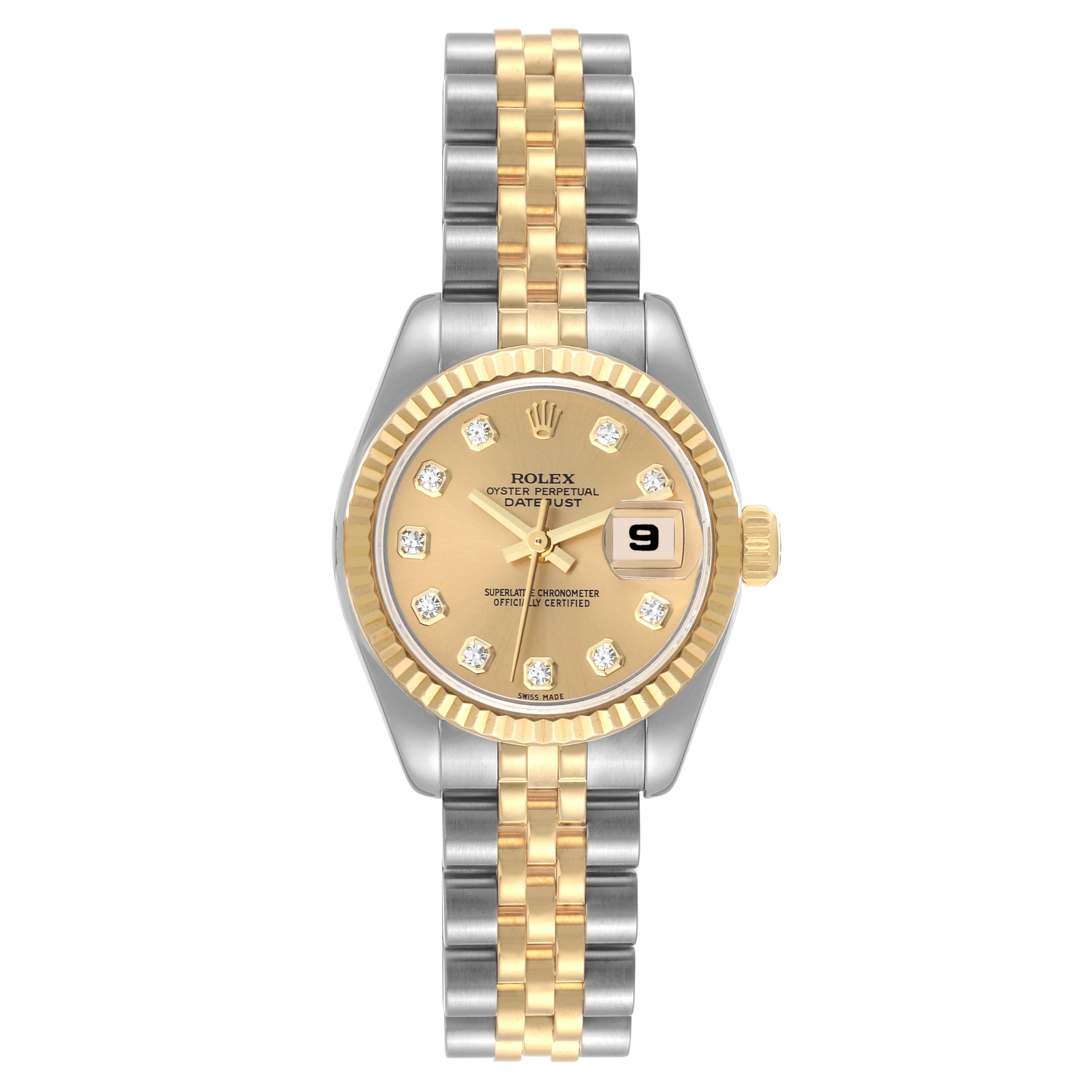 The image shows a front view of a Rolex Datejust 179173 Women's Steel and Gold (two tone) Champagne Dial 179173 Women's Steel and Gold (two tone) Champagne Dial watch with a gold and silver two-tone bracelet and a champagne diamond dial.