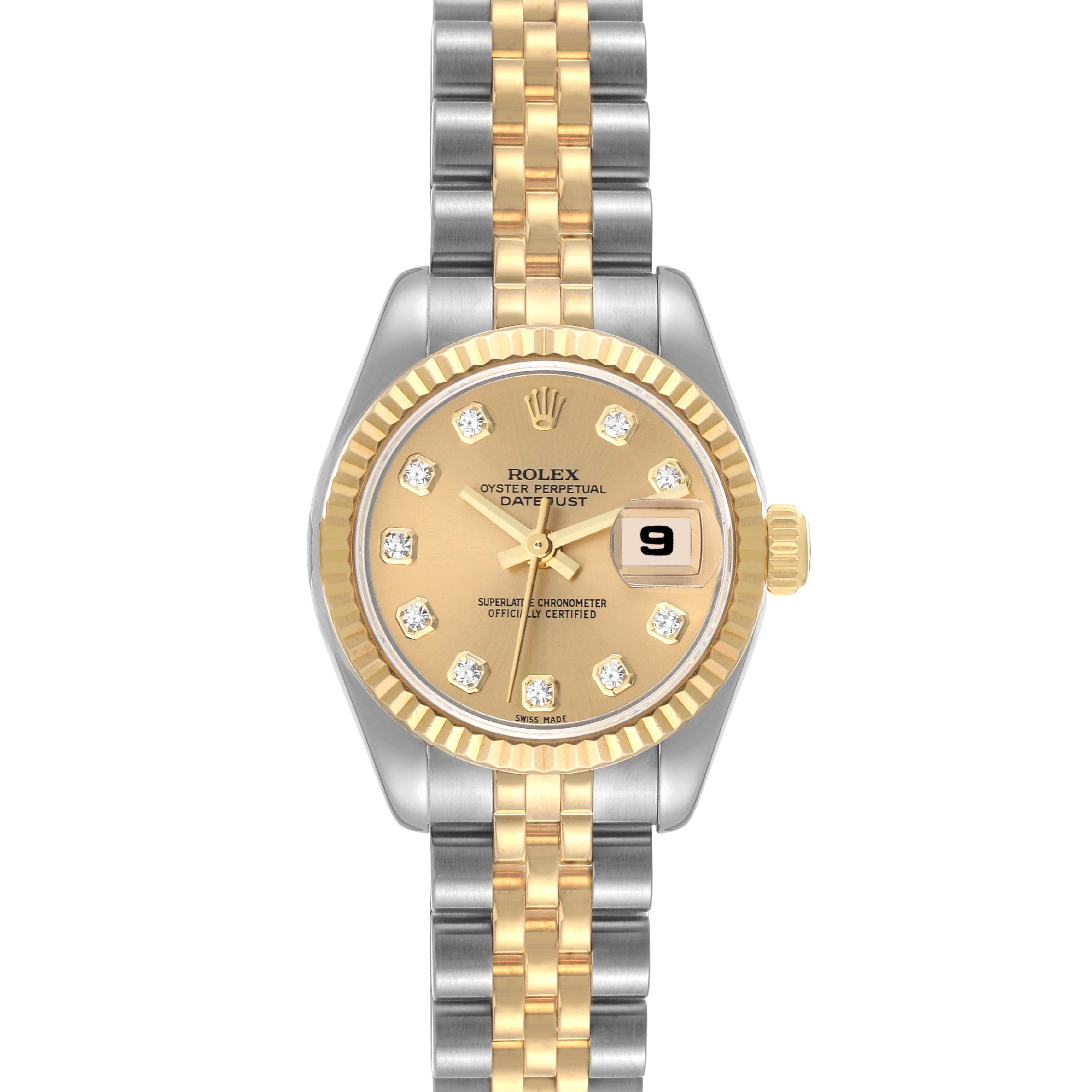 The image shows a front view of a Rolex Datejust 179173 Women's Steel and Gold (two tone) Champagne Dial 179173 Women's Steel and Gold (two tone) Champagne Dial watch with a gold and silver two-tone bracelet and diamond hour markers.