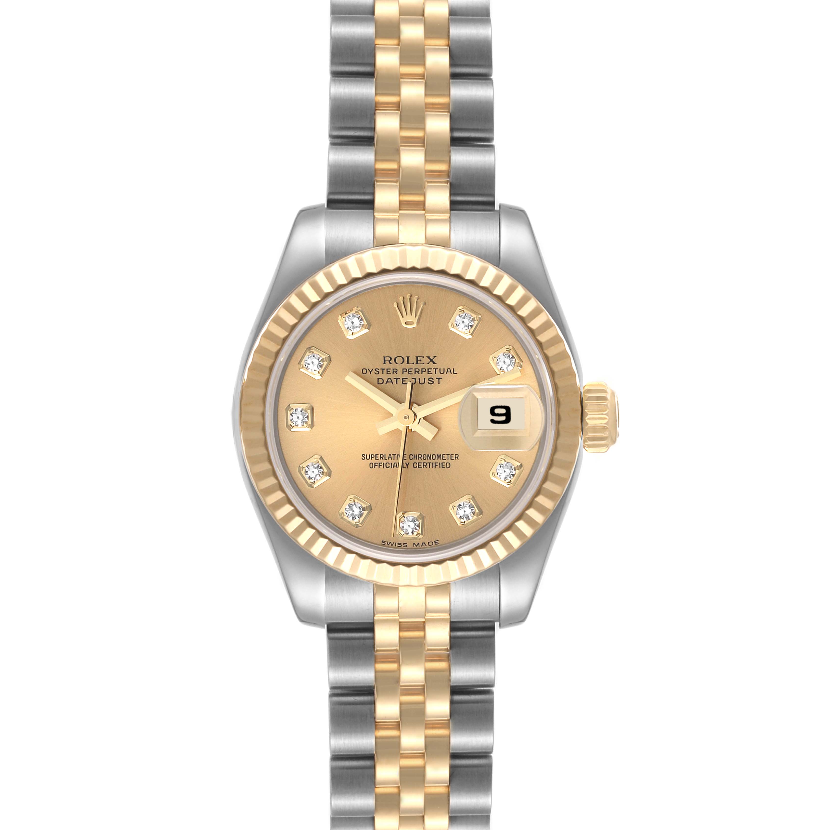 The image shows a Rolex Datejust 179173 Women's Steel and Gold (two tone) Champagne Dial 179173 Women's Steel and Gold (two tone) Champagne Dial watch head-on, highlighting its face, bezel, and two-tone bracelet.