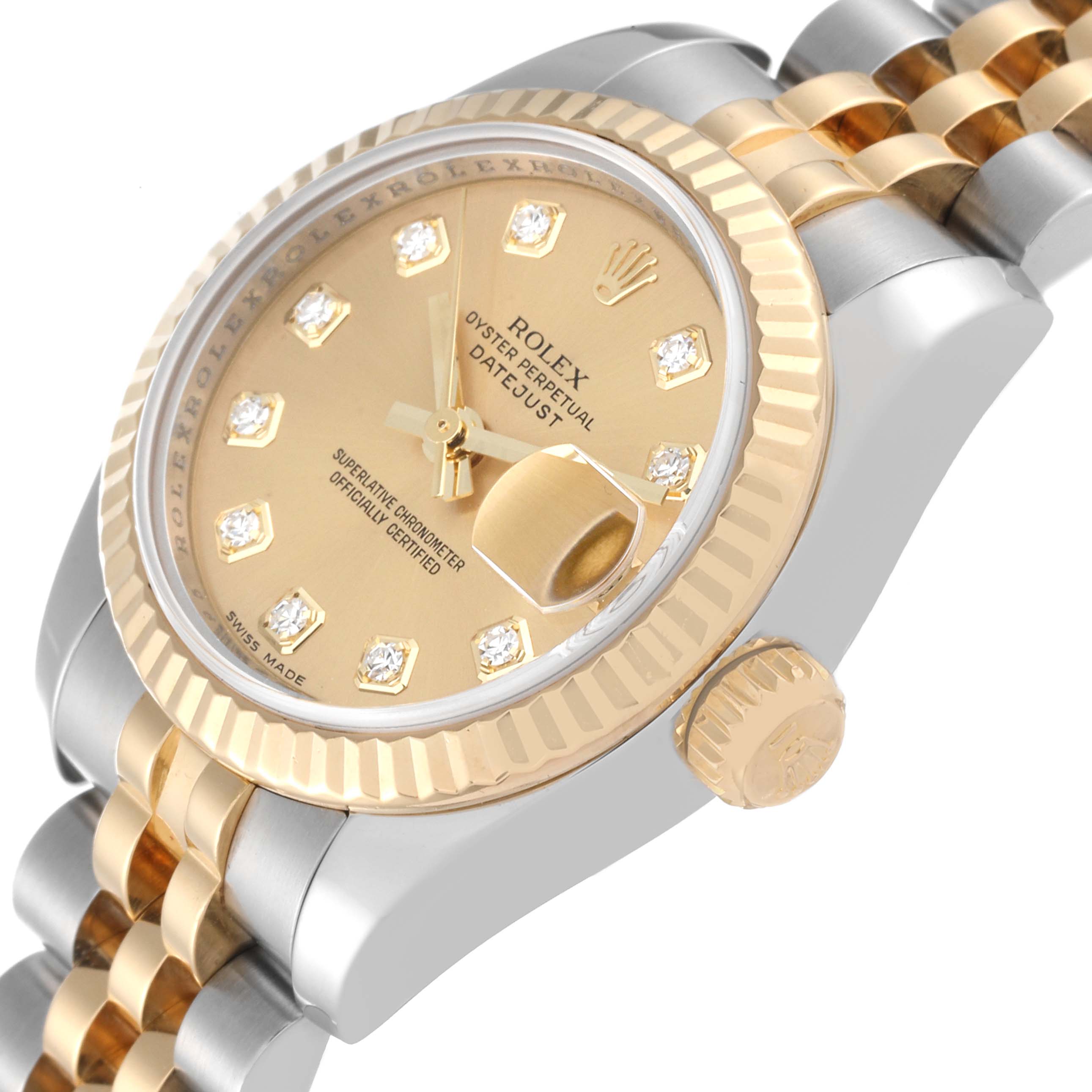 The image shows a side angle of a Rolex Datejust 179173 Women's Steel and Gold (two tone) Champagne Dial 179173 Women's Steel and Gold (two tone) Champagne Dial watch, highlighting its gold dial, bezel, crown, and two-tone bracelet.