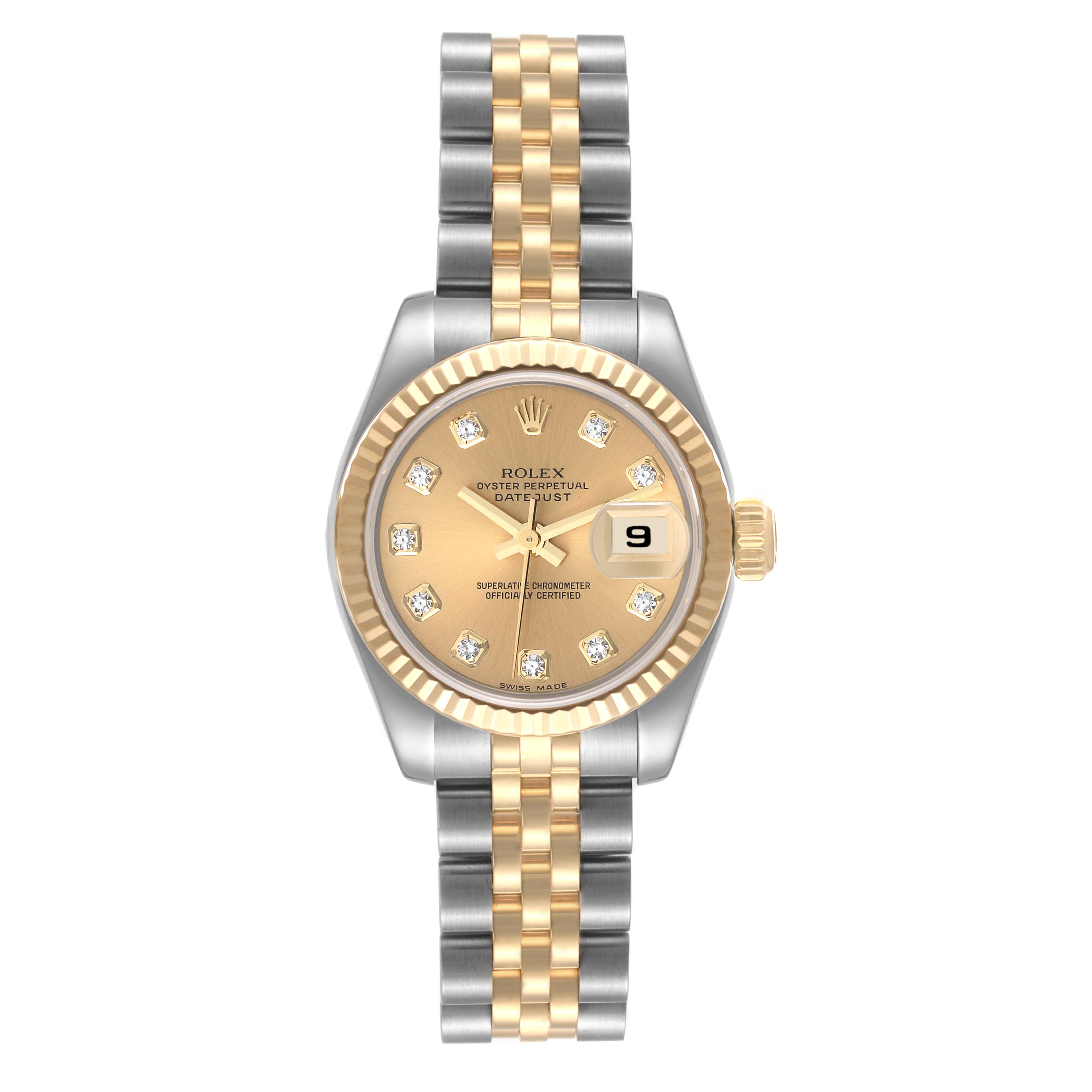The image shows a front view of the Rolex Datejust 179173 Women's Steel and Gold (two tone) Champagne Dial 179173 Women's Steel and Gold (two tone) Champagne Dial watch, highlighting its champagne dial, diamond hour markers, and two-tone bracelet.