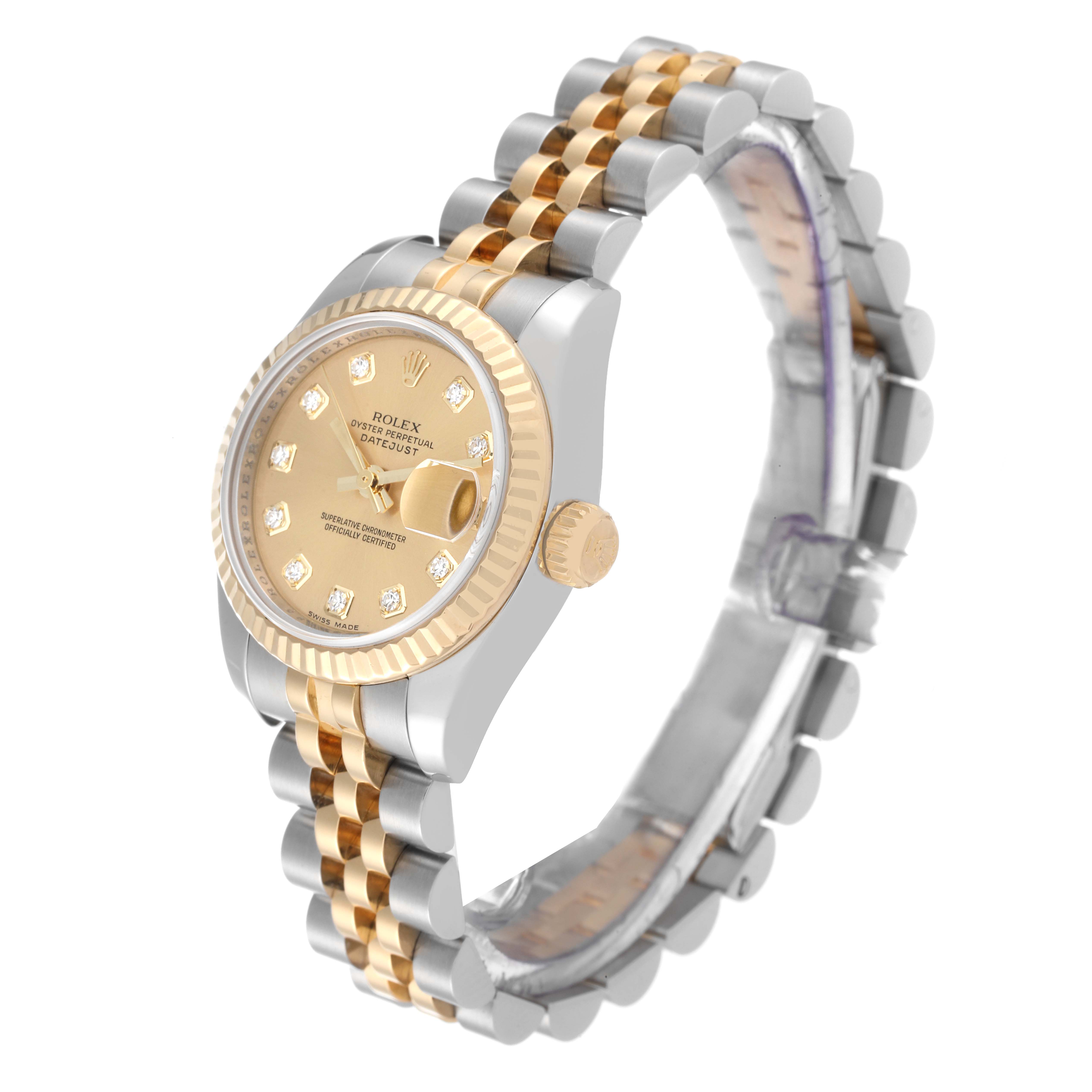 The Rolex Datejust 179173 Women's Steel and Gold (two tone) Champagne Dial 179173 Women's Steel and Gold (two tone) Champagne Dial watch is shown at a three-quarter angle, displaying its face, bezel, case, crown, and bracelet.
