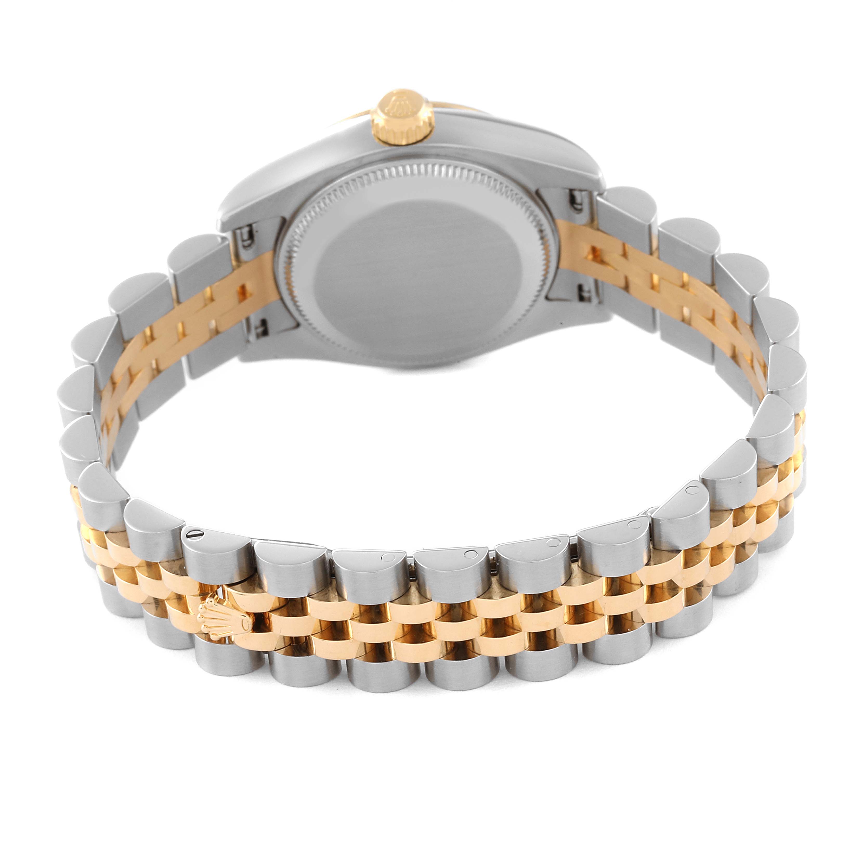 This image shows the back view of a Rolex Datejust 179173 Women's Steel and Gold (two tone) Champagne Dial 179173 Women's Steel and Gold (two tone) Champagne Dial watch, highlighting the caseback and two-tone bracelet.