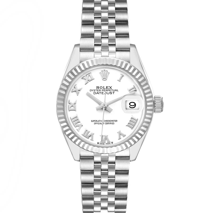The Rolex Datejust is shown from a front angle, highlighting its face, fluted bezel, and Jubilee bracelet.