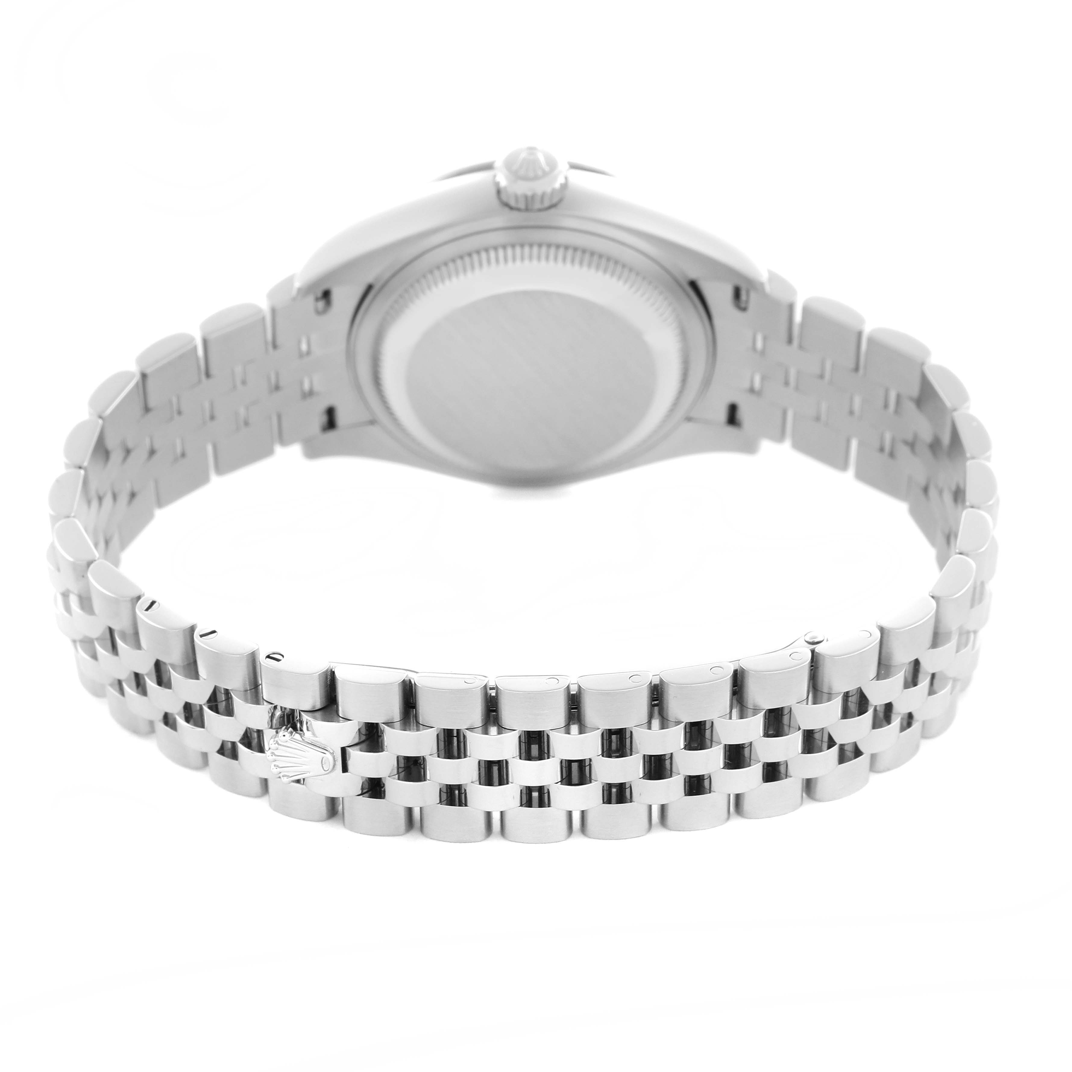 The image shows the back view of a Rolex Datejust 279174 Women
s Stainless Steel White Dial 279174 Women
s Stainless Steel White Dial watch, highlighting the bracelet and case back.