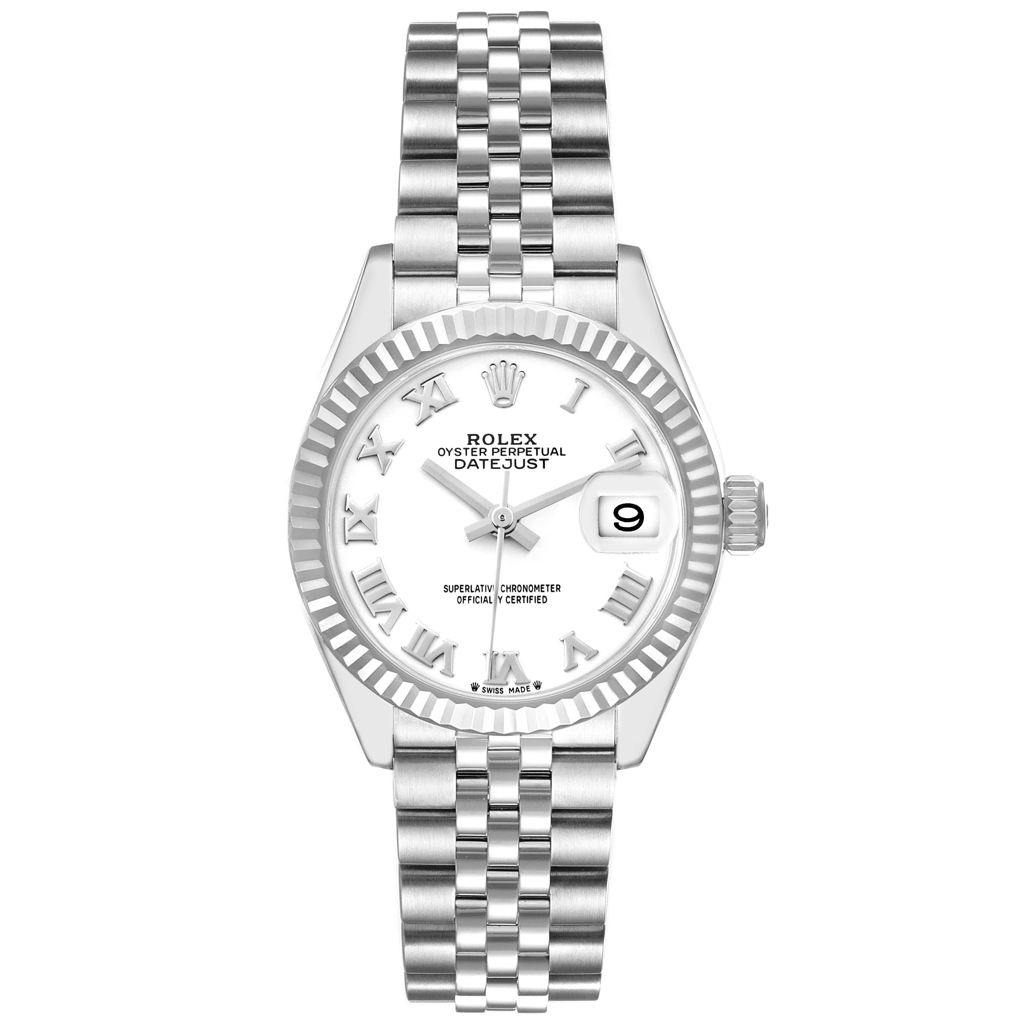 The Rolex Datejust 279174 Women
s Stainless Steel White Dial 279174 Women
s Stainless Steel White Dial watch is shown from the front, highlighting the dial, bezel, hands, date window, and bracelet.