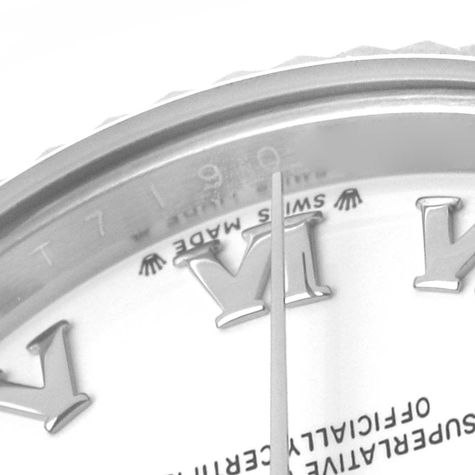 The image shows a close-up of the dial, bezel, and Roman numeral markers of a Rolex Datejust 279174 Women
s Stainless Steel White Dial 279174 Women
s Stainless Steel White Dial watch.