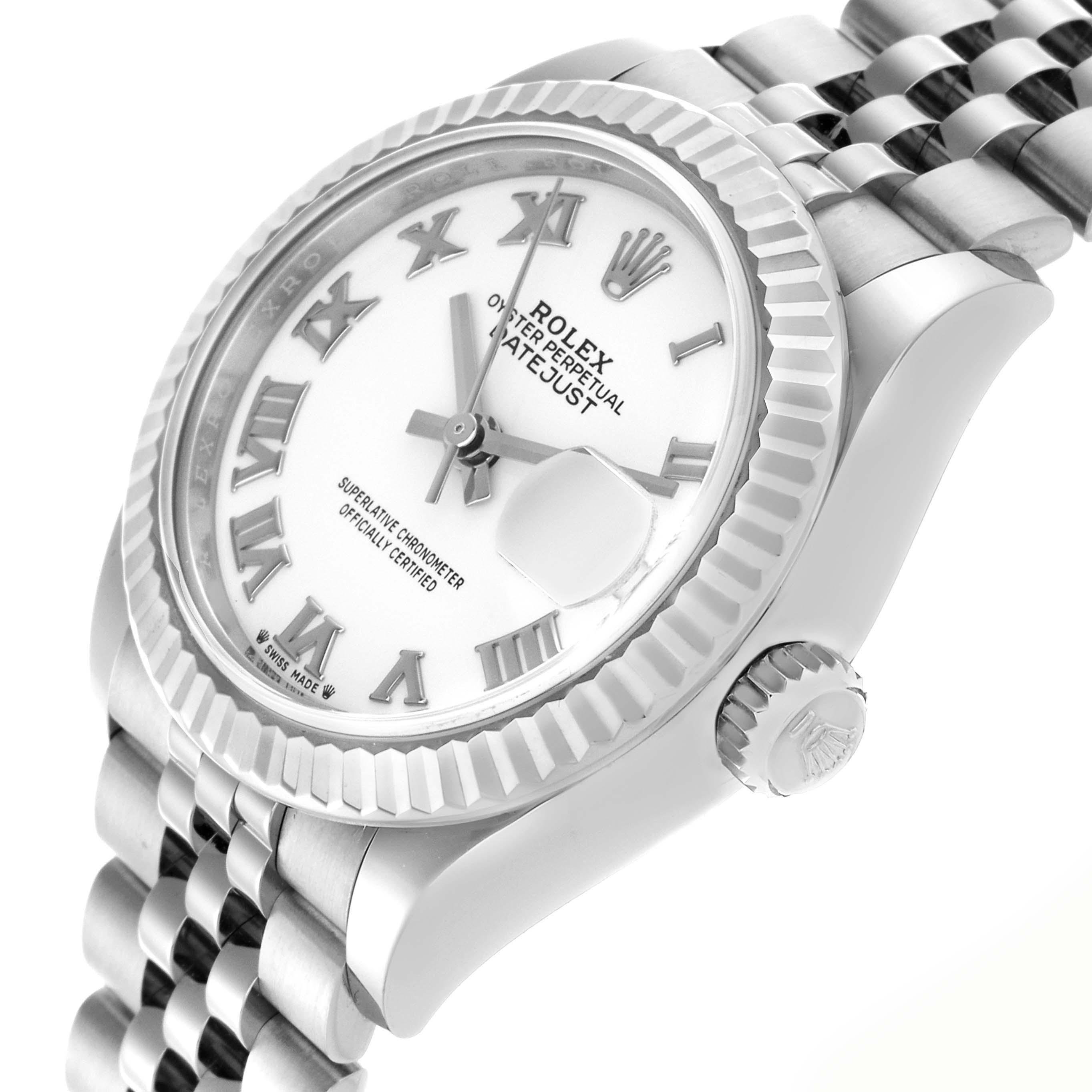 The image shows a Rolex Datejust 279174 Women
s Stainless Steel White Dial 279174 Women
s Stainless Steel White Dial watch at a three-quarter angle, highlighting the dial, bezel, crown, and part of the bracelet.