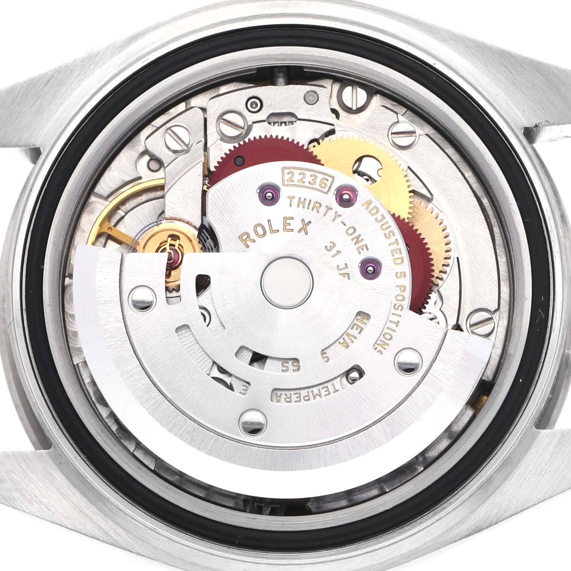 The image shows the movement mechanism of a Rolex Datejust 279174 Women
s Stainless Steel White Dial 279174 Women
s Stainless Steel White Dial watch from a top-down angle.
