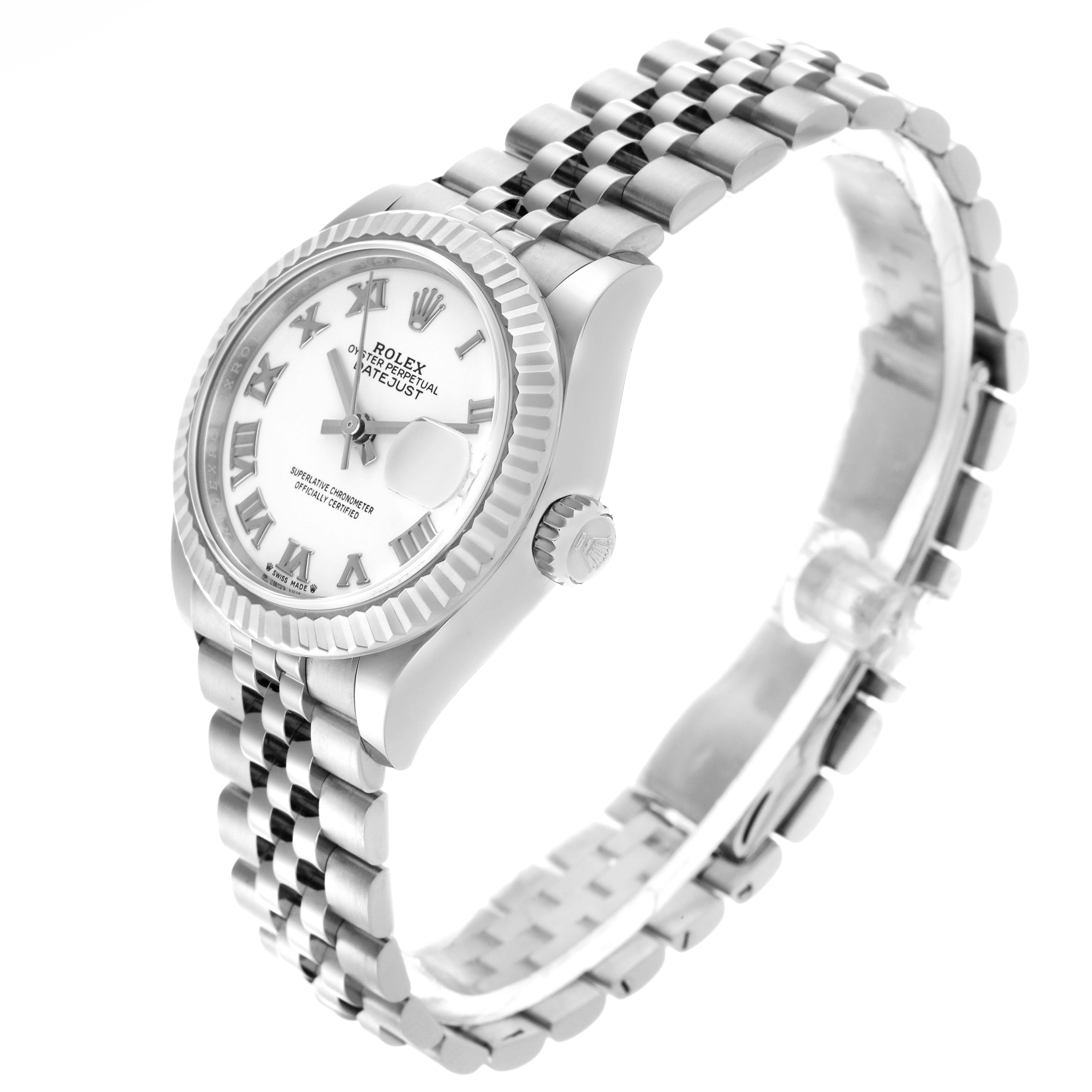 The Rolex Datejust 279174 Women
s Stainless Steel White Dial 279174 Women
s Stainless Steel White Dial watch is shown at a three-quarter angle, highlighting the face, bezel, crown, and Jubilee bracelet.